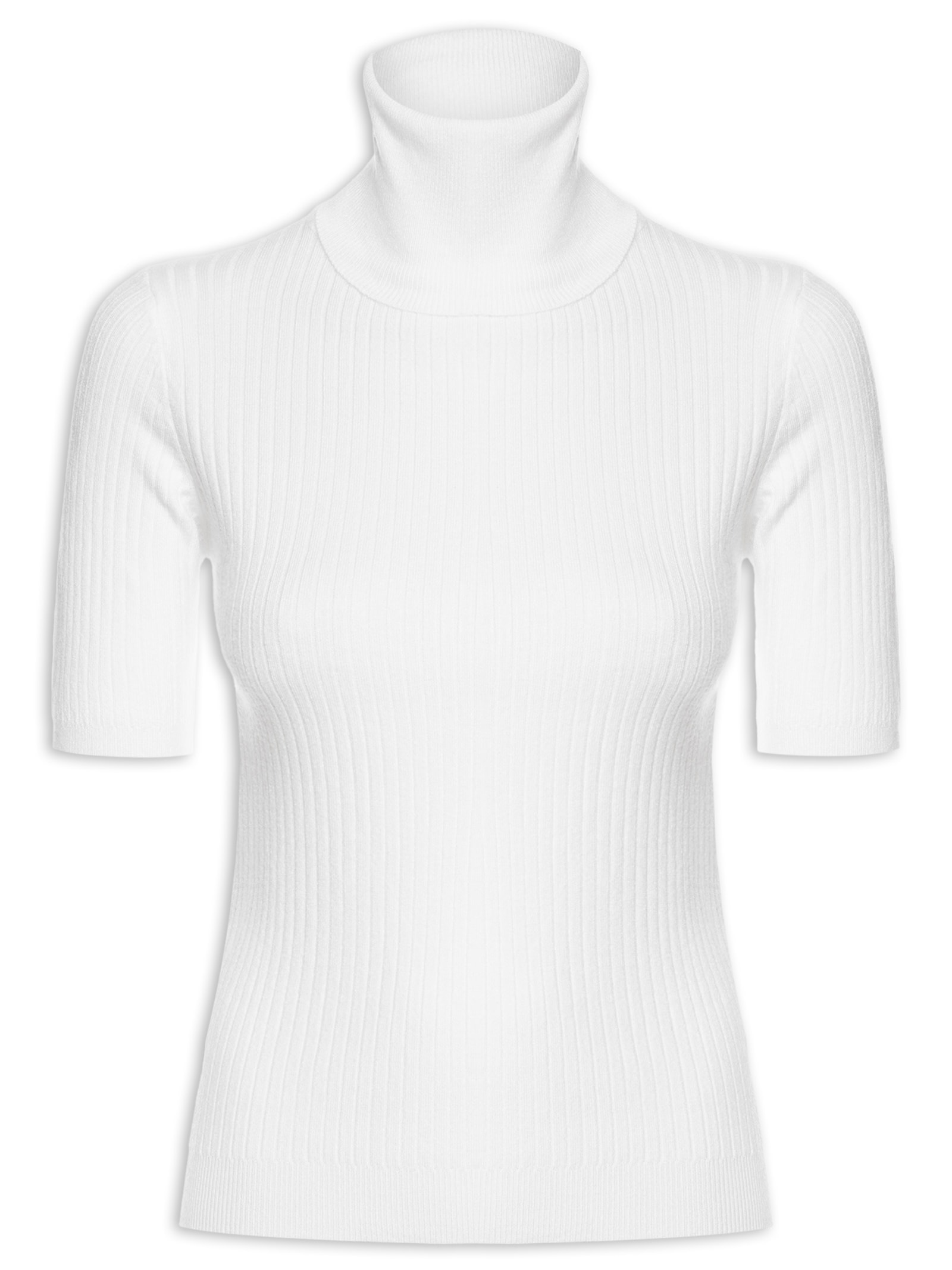 Blusa Feminina Tricot Gola Alta Canelada Manga Curta Branco Basiq