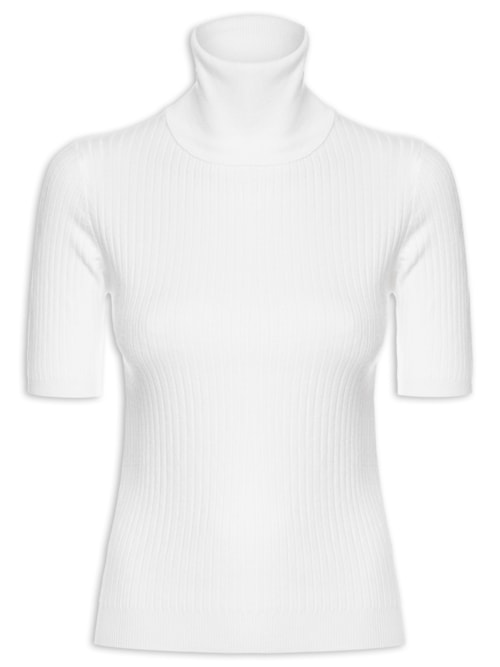 Blusa Feminina Tricot Gola Alta Canelada Manga Curta – Branco