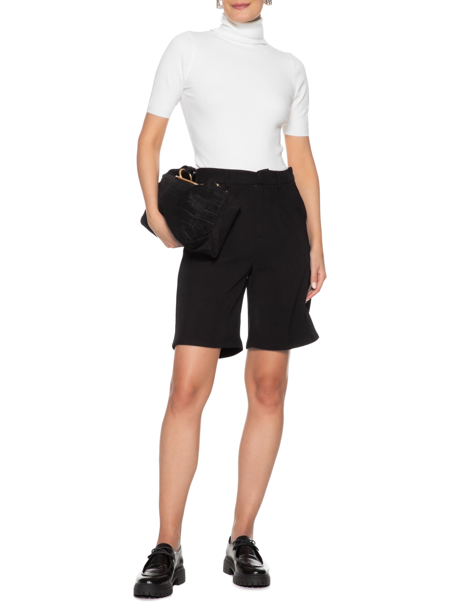 Blusa Feminina Tricot Gola Alta Canelada Manga Curta Branco Basiq