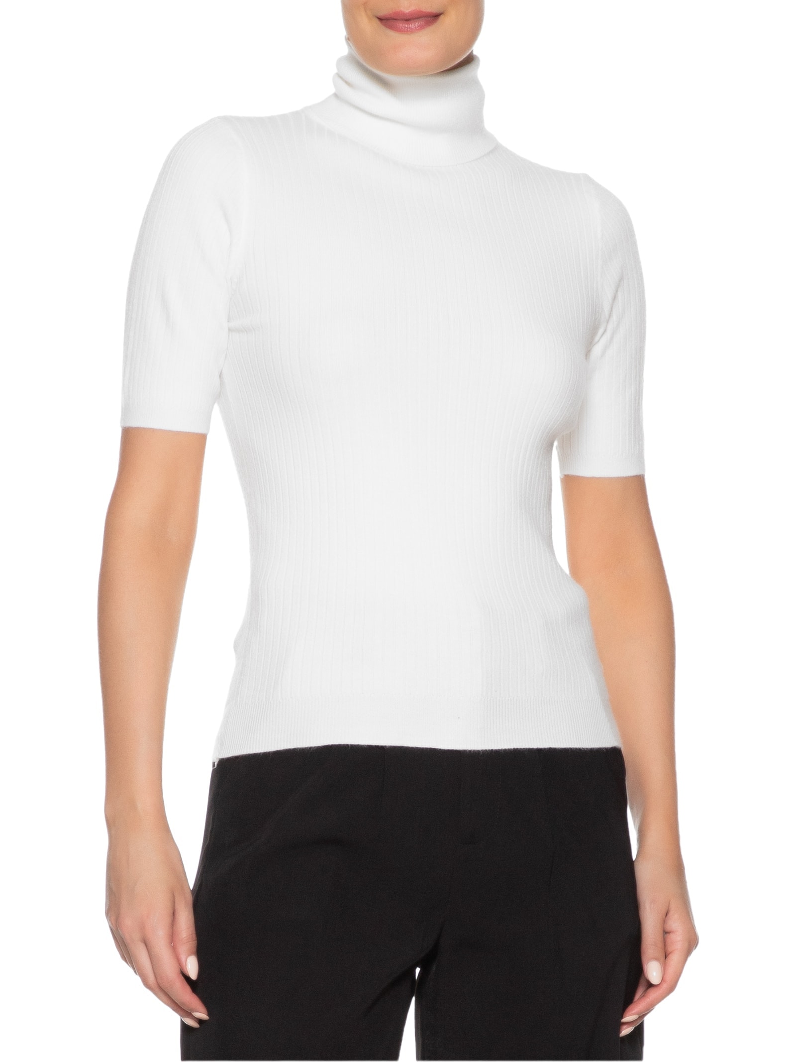 Blusa Feminina Tricot Gola Alta Canelada Manga Curta Branco Basiq