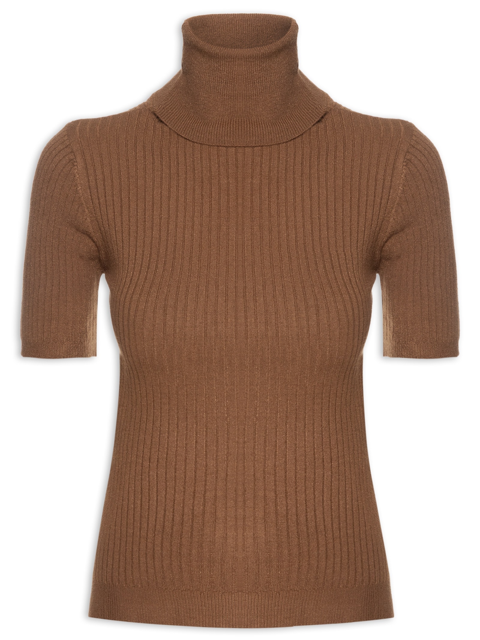 Blusa Feminina Tricot Gola Alta Canelada Manga Curta Marrom Basiq