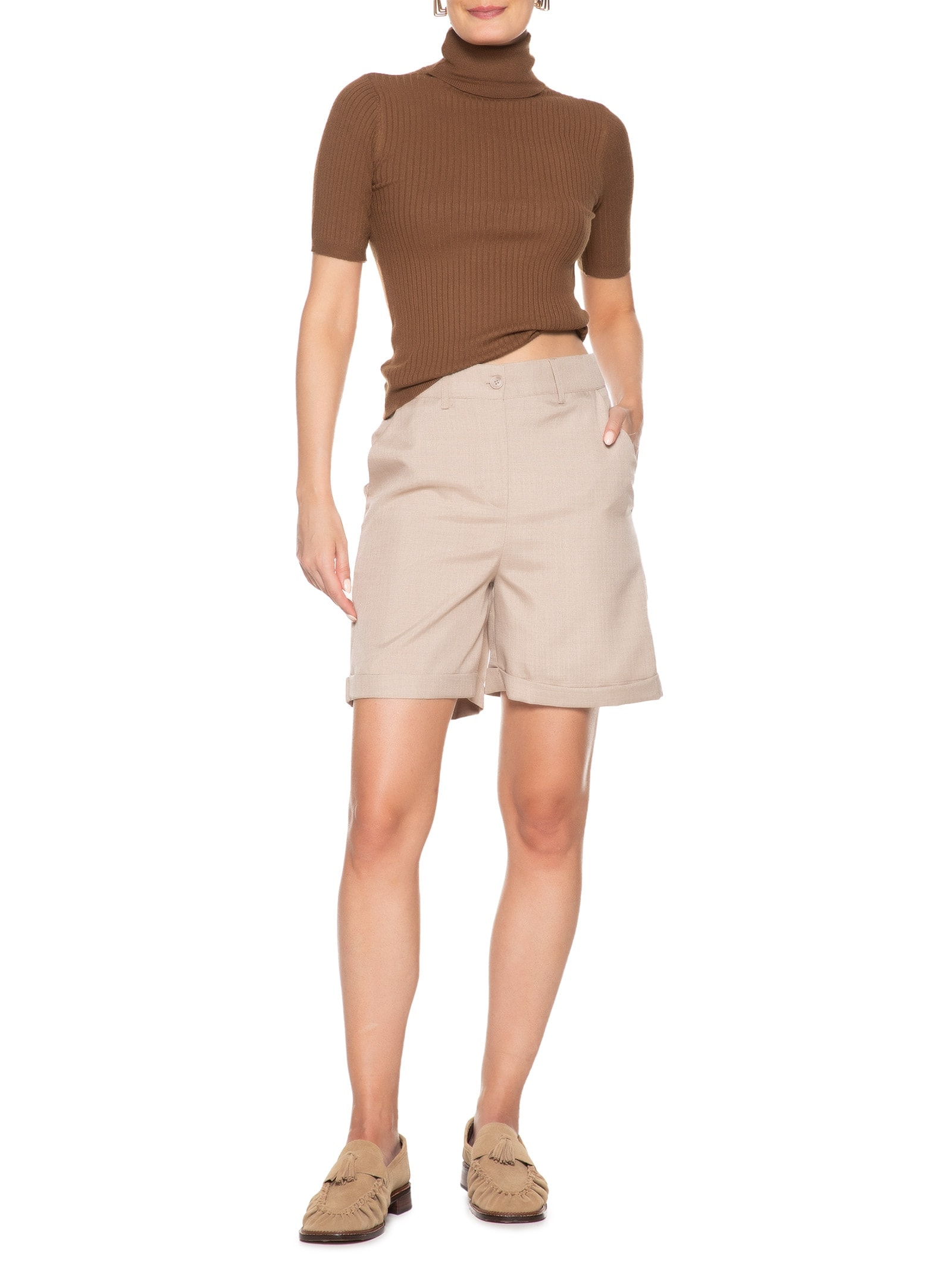 Blusa Feminina Tricot Gola Alta Canelada Manga Curta Marrom Basiq