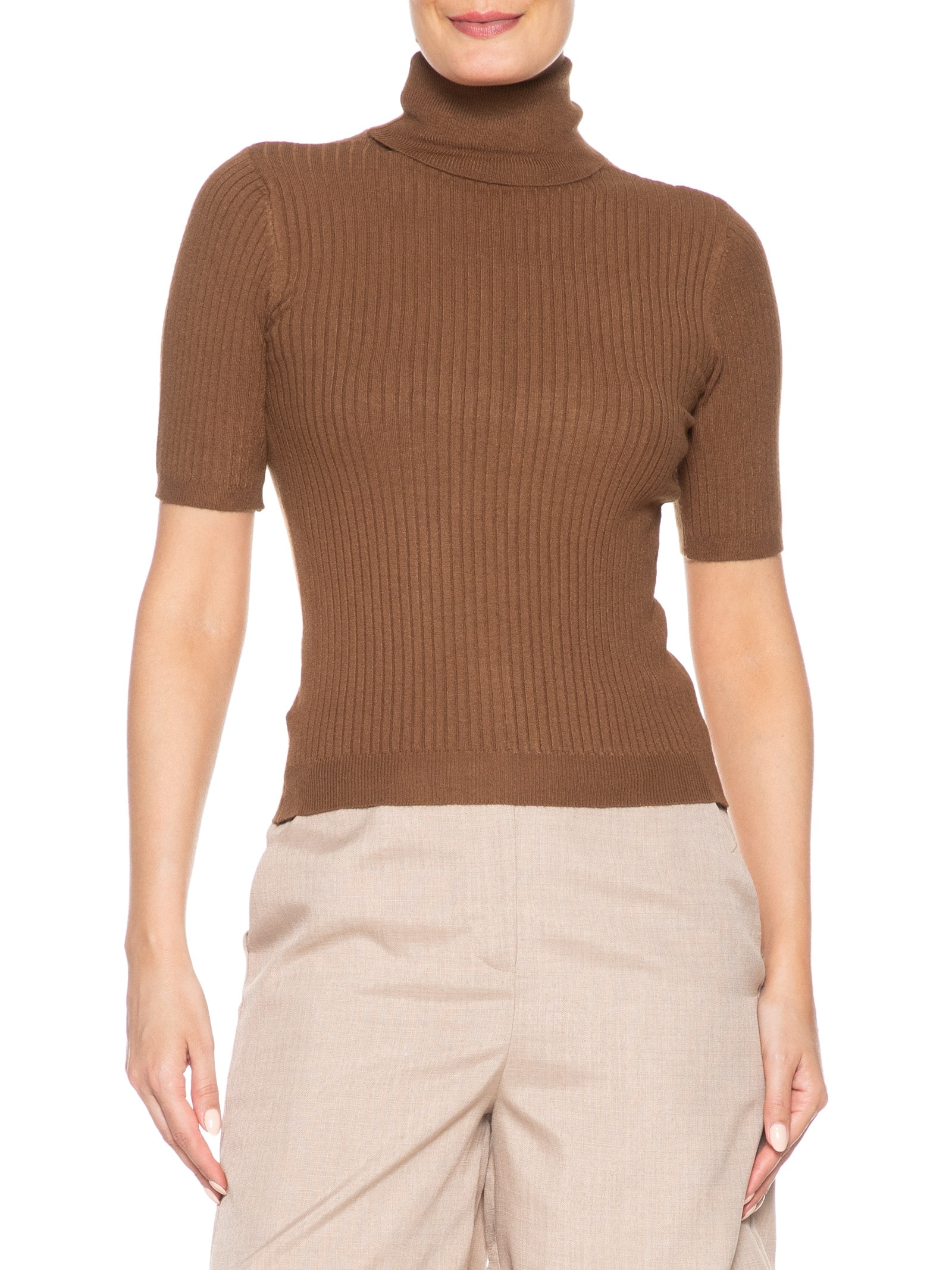 Blusa Feminina Tricot Gola Alta Canelada Manga Curta Marrom Basiq