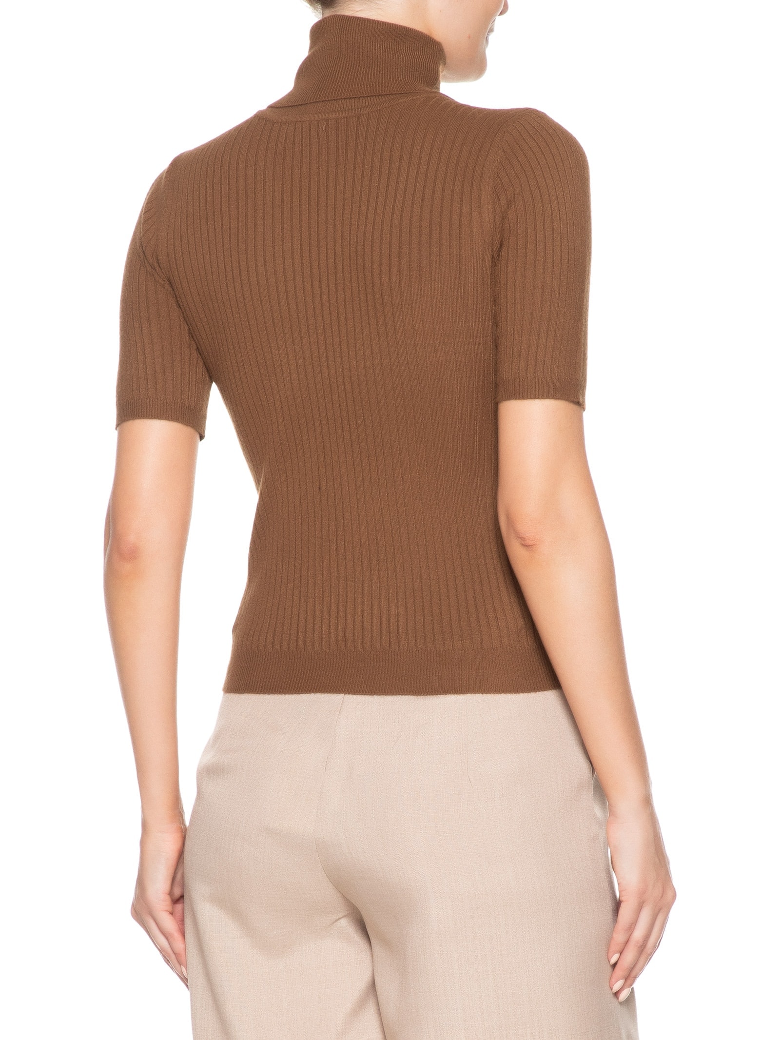 Blusa Feminina Tricot Gola Alta Canelada Manga Curta Marrom Basiq