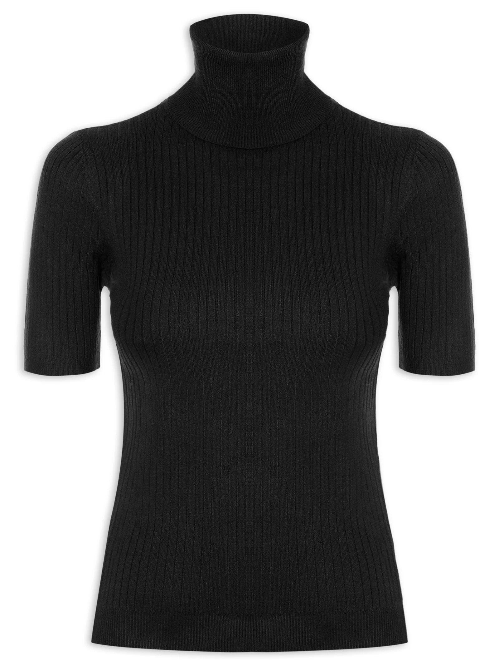 Blusa Feminina Tricot Gola Alta Canelada Manga Curta Preto Basiq