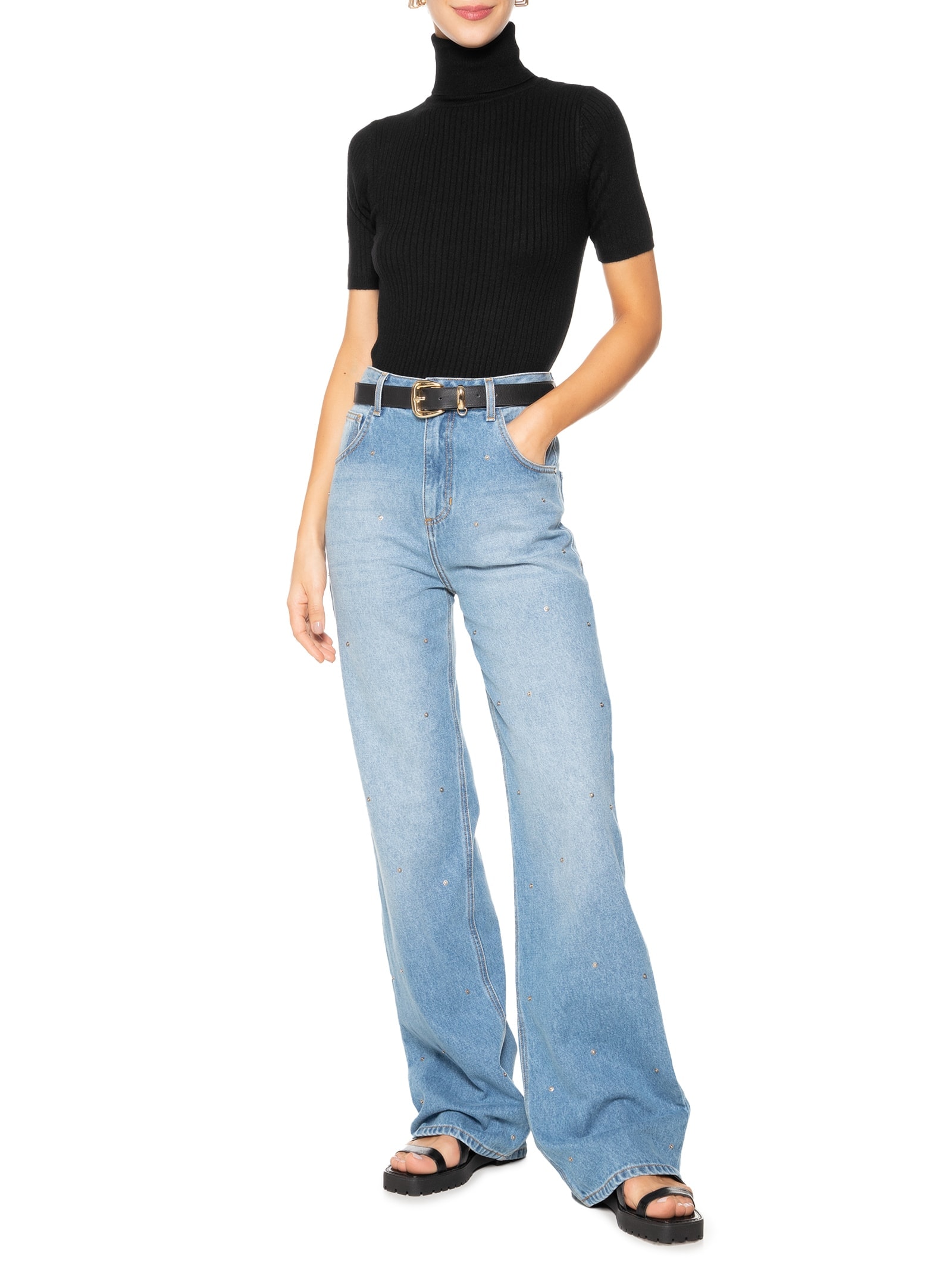 Blusa Feminina Tricot Gola Alta Canelada Manga Curta Preto Basiq