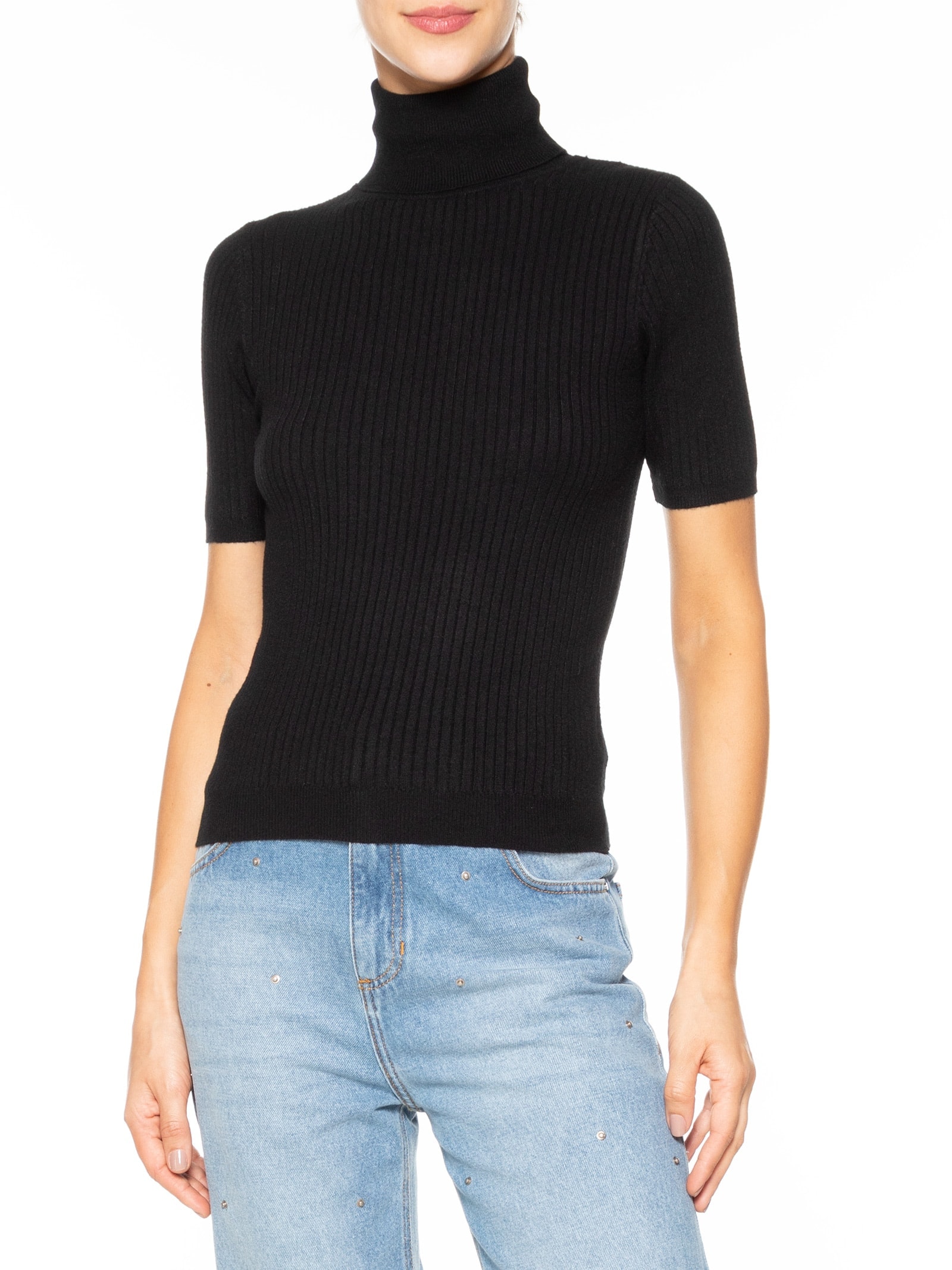 Blusa Feminina Tricot Gola Alta Canelada Manga Curta Preto Basiq