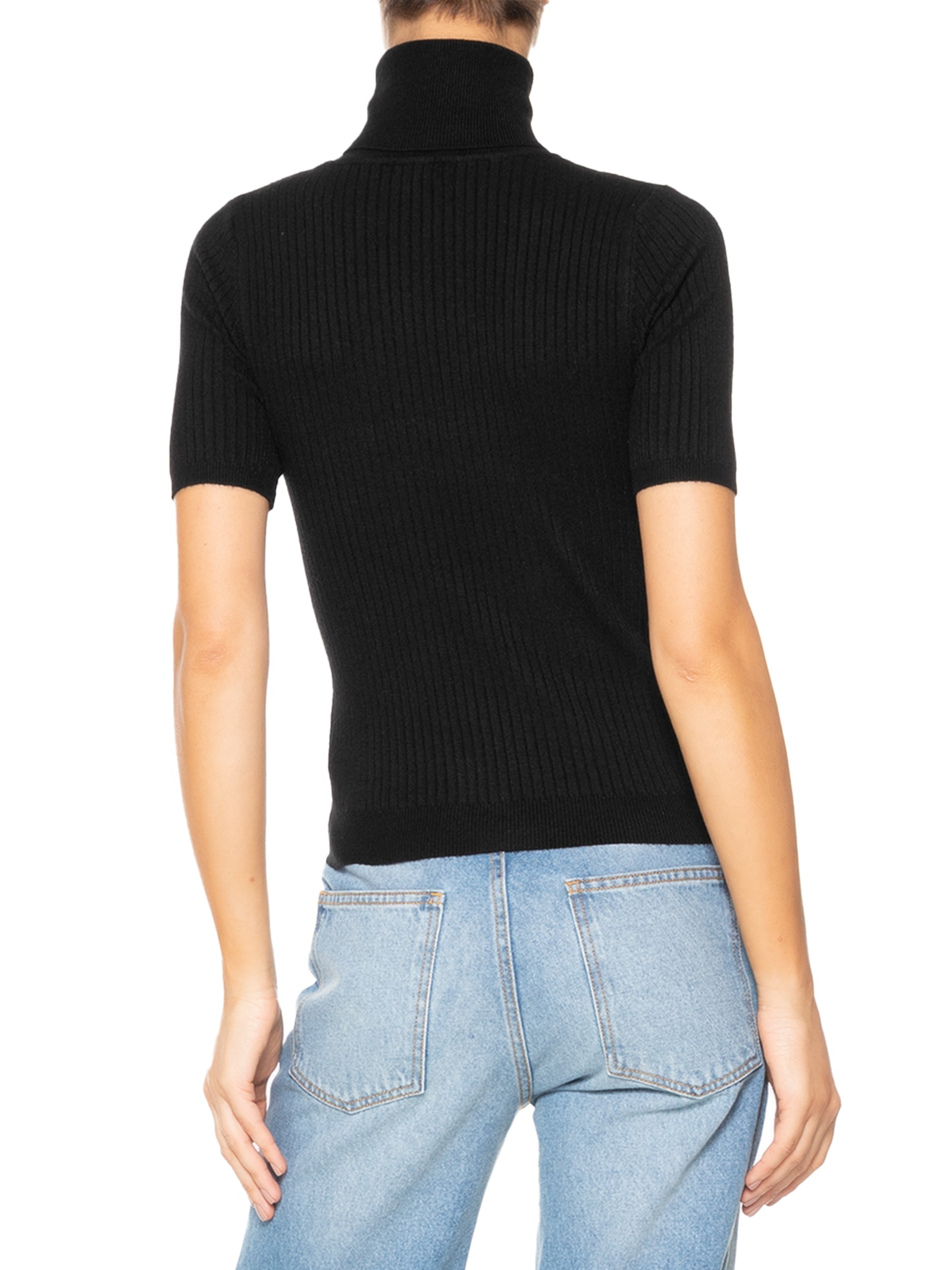 Blusa Feminina Tricot Gola Alta Canelada Manga Curta Preto Basiq