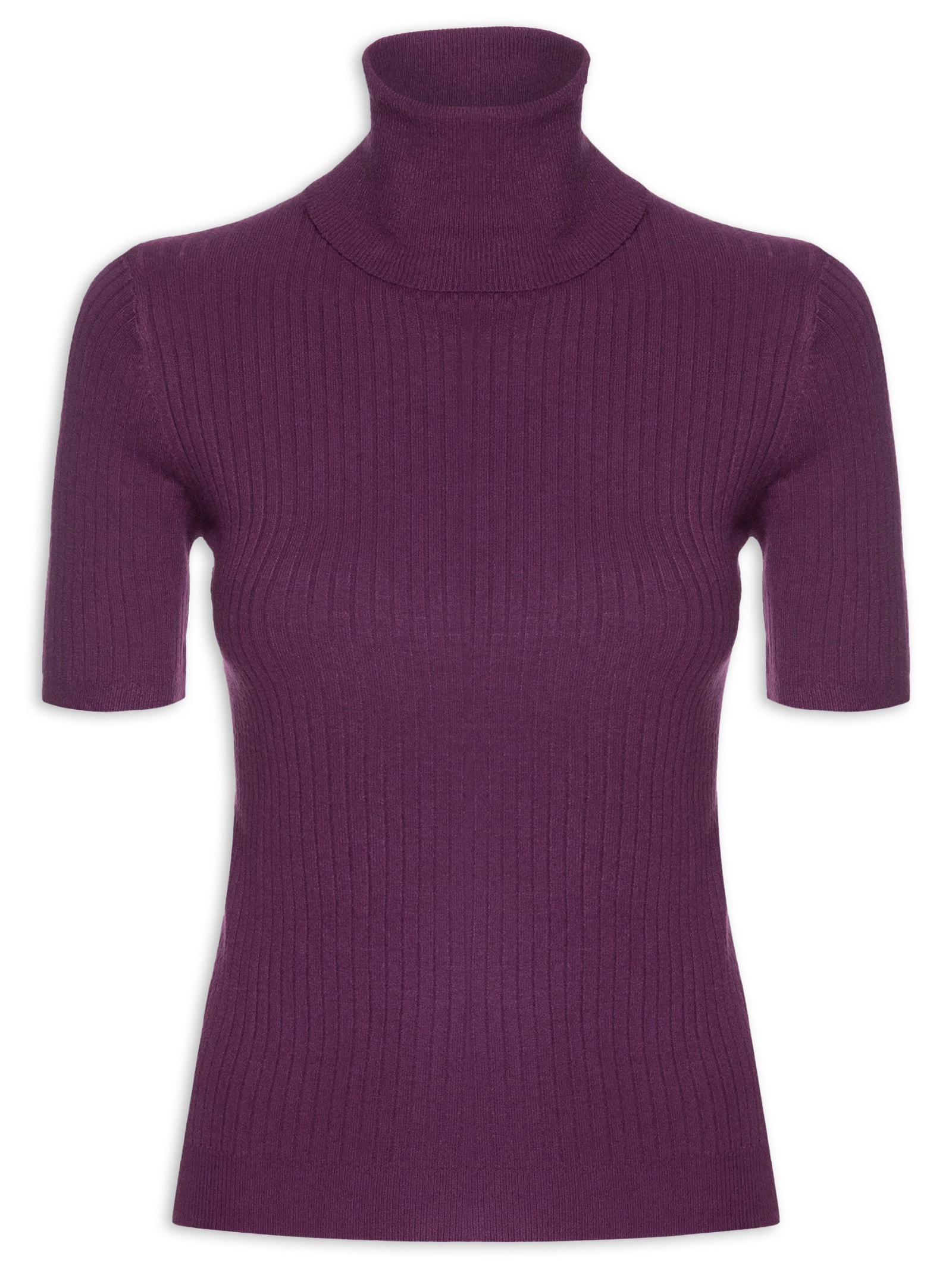 Blusa Feminina Tricot Gola Alta Canelada Manga Curta Roxo Basiq