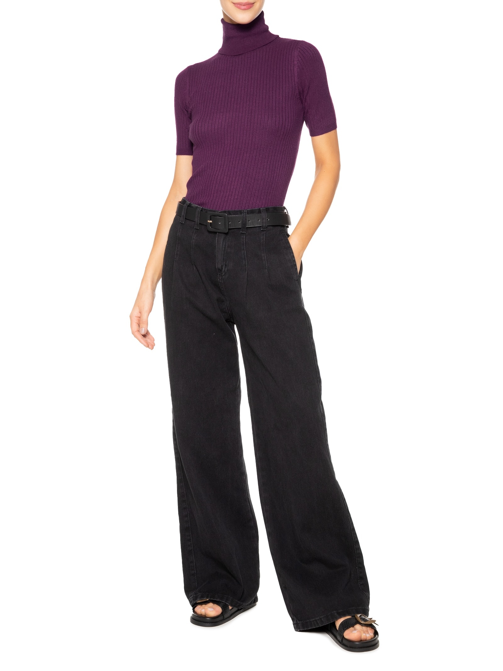 Blusa Feminina Tricot Gola Alta Canelada Manga Curta Roxo Basiq