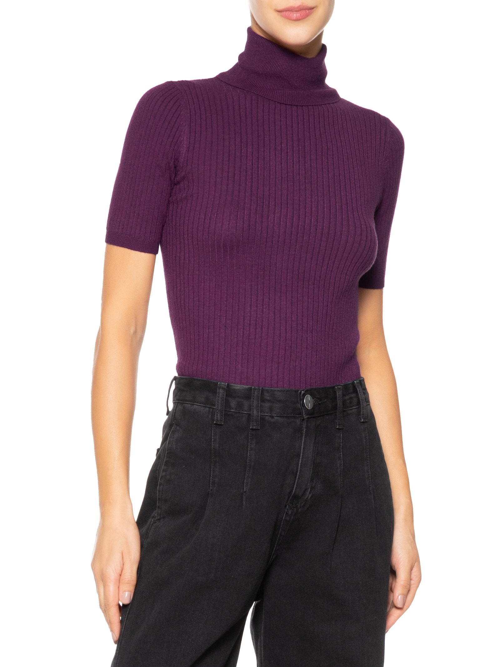 Blusa Feminina Tricot Gola Alta Canelada Manga Curta Roxo Basiq