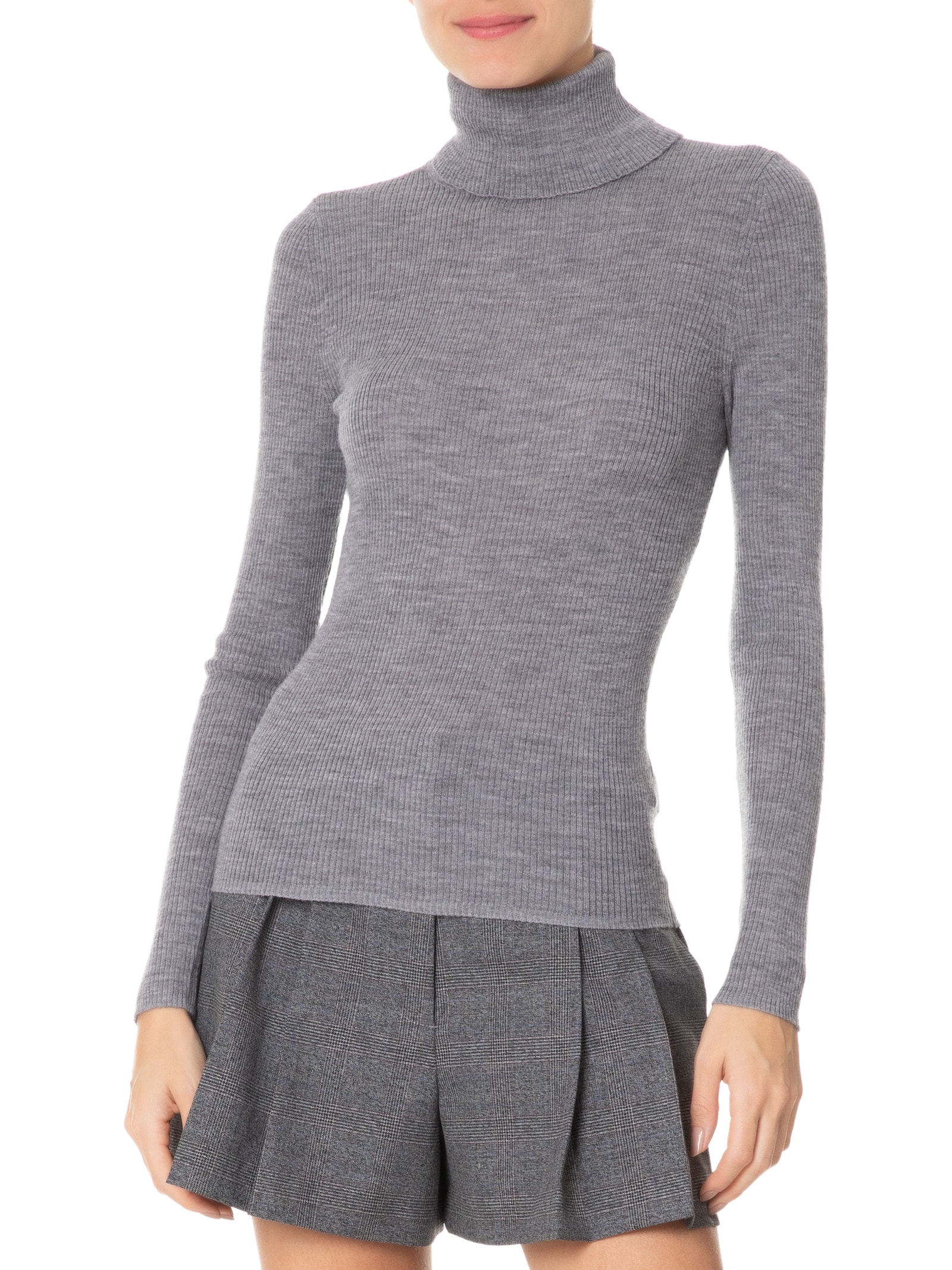 Blusa Feminina Tricot Gola Lã Cinza Shoulder