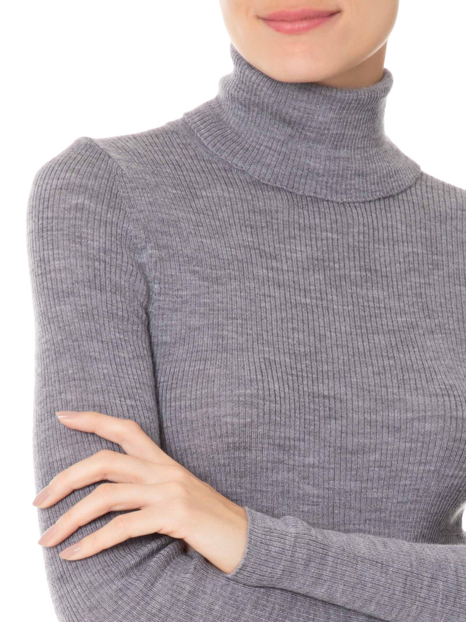 Blusa Feminina Tricot Gola Lã Cinza Shoulder