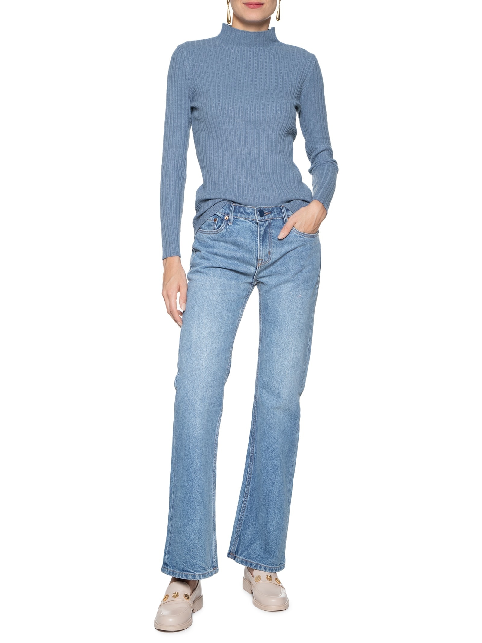Blusa Feminina Tricot Gola Média Texturizada Azul  Basiq