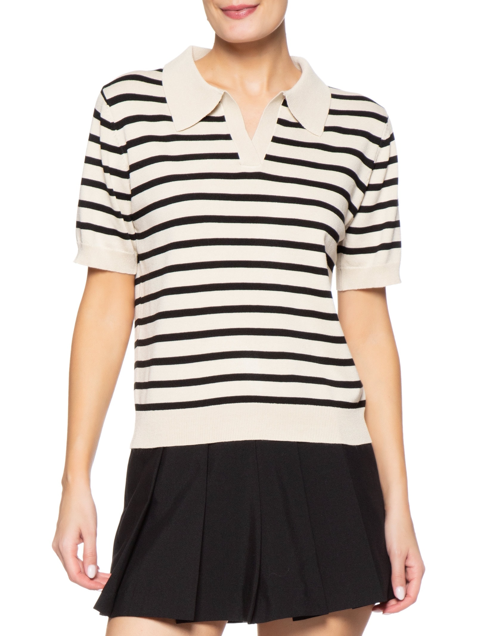 Blusa Feminina Tricot Listrada Gola Esporte Bege Basiq