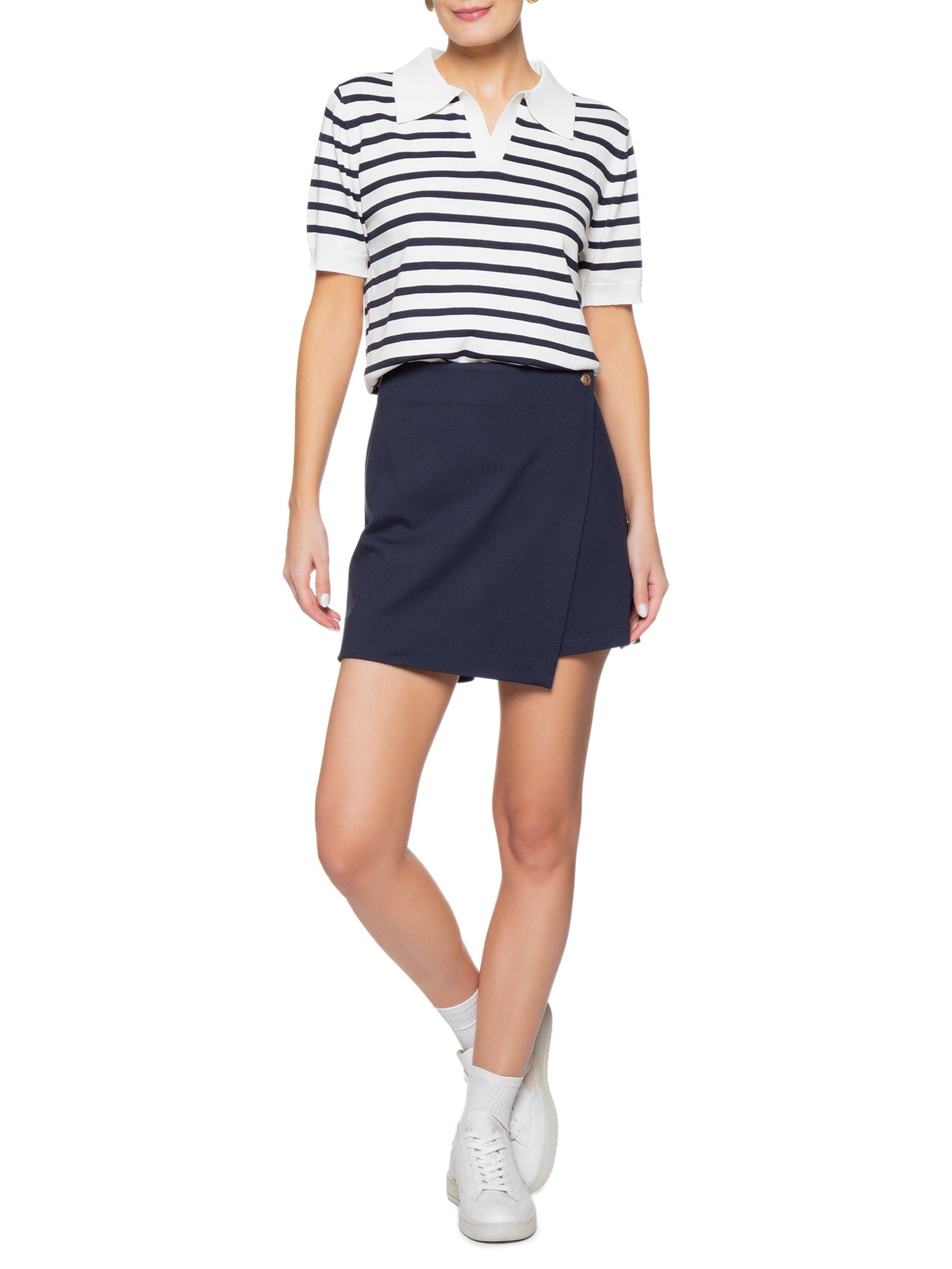 Blusa Feminina Tricot Listrada Gola Esporte Branco Basiq