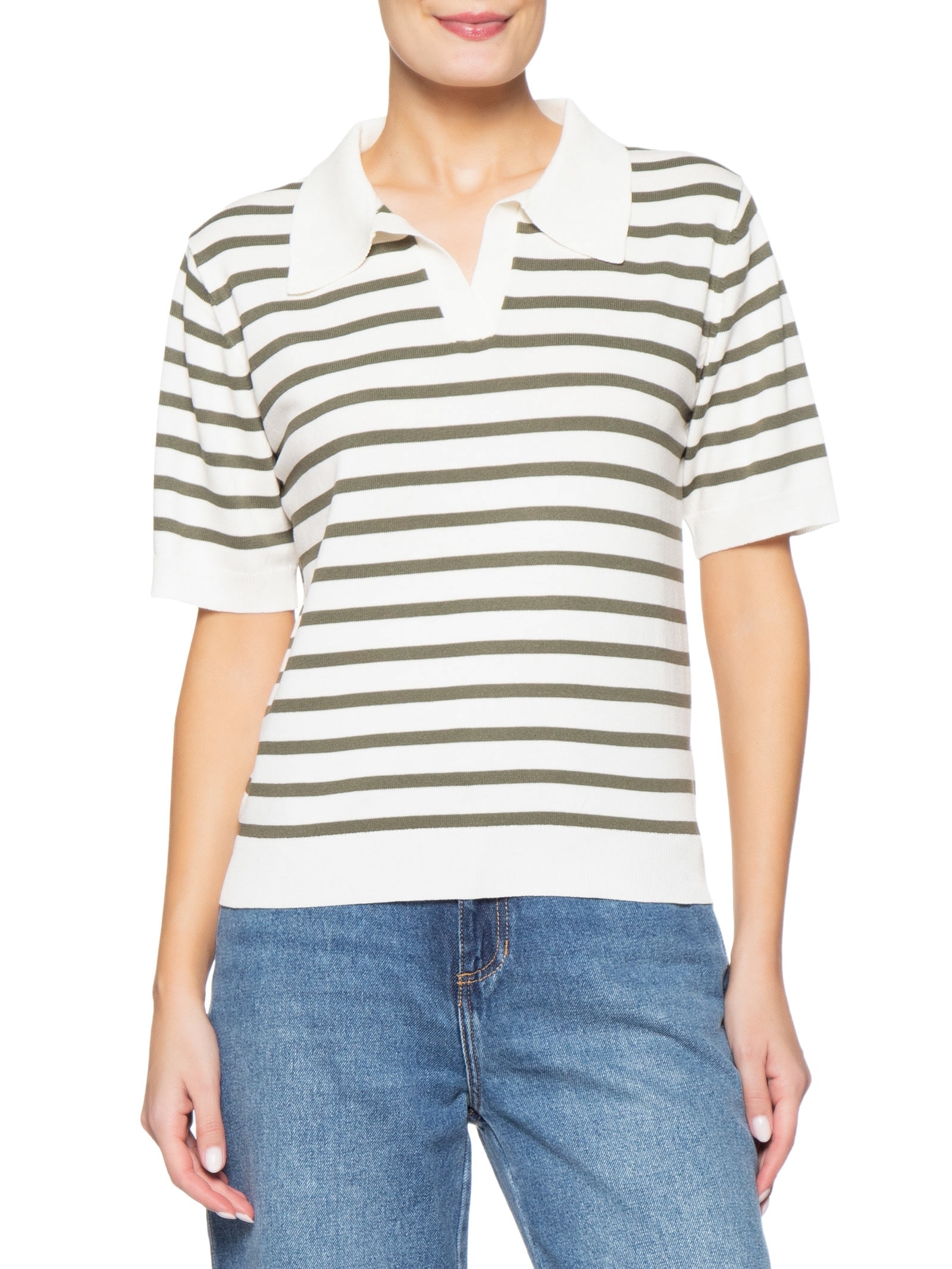 Blusa Feminina Tricot Listrada Gola Esporte Off White Basiq