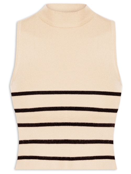 Blusa Feminina Tricot Listrada Sem Manga – Bege