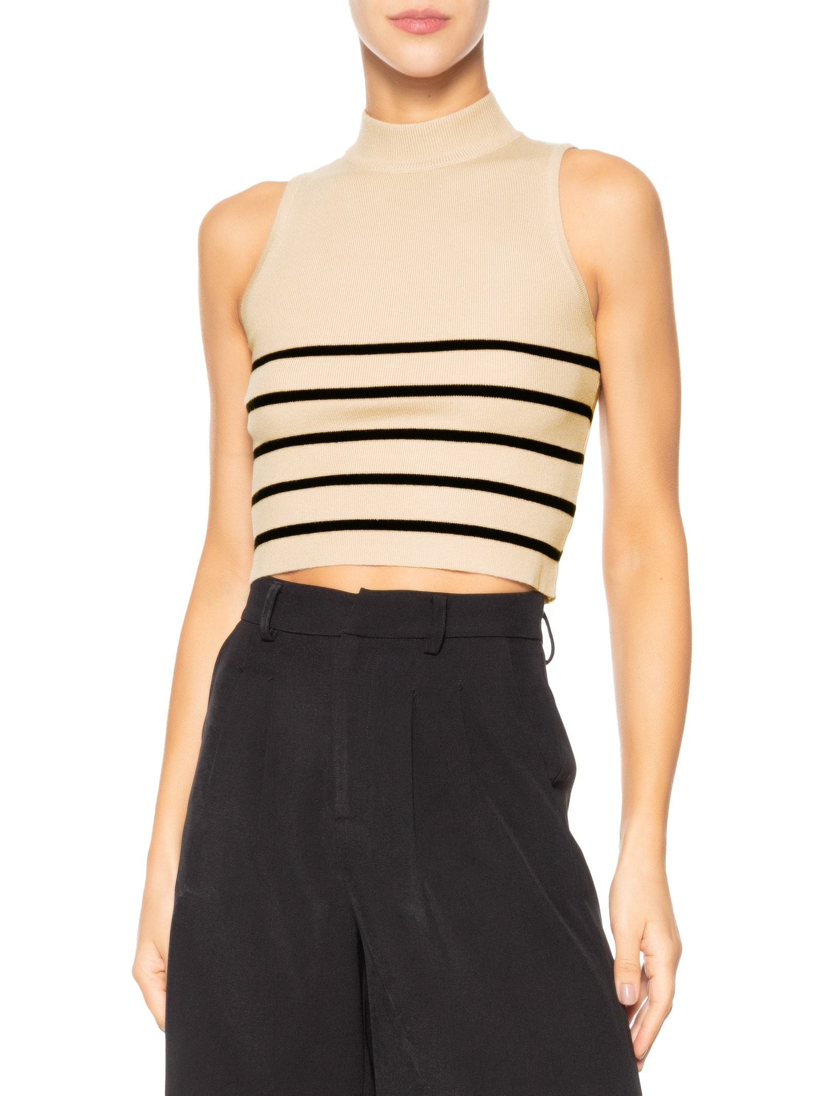 Blusa Feminina Tricot Listrada Sem Manga Bege  Basiq