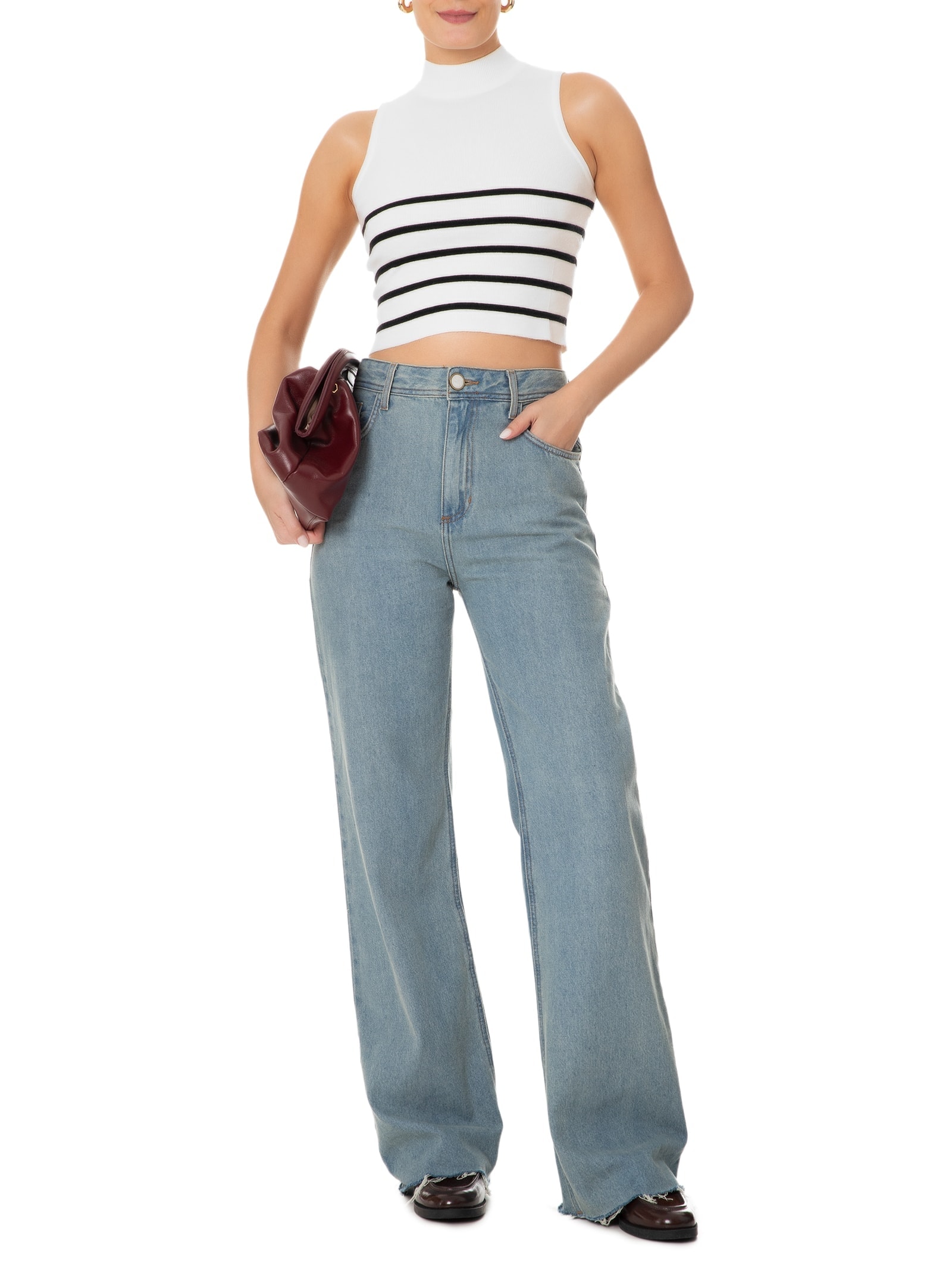 Blusa Feminina Tricot Listrada Sem Manga Branco Basiq