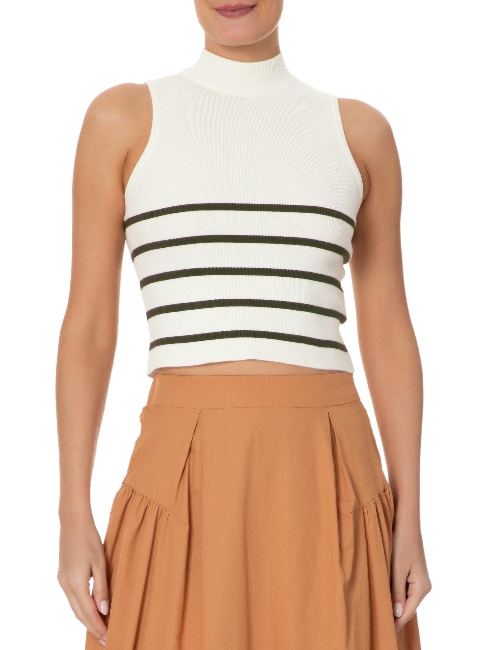Blusa Feminina Tricot Listrada Sem Manga Branco Basiq