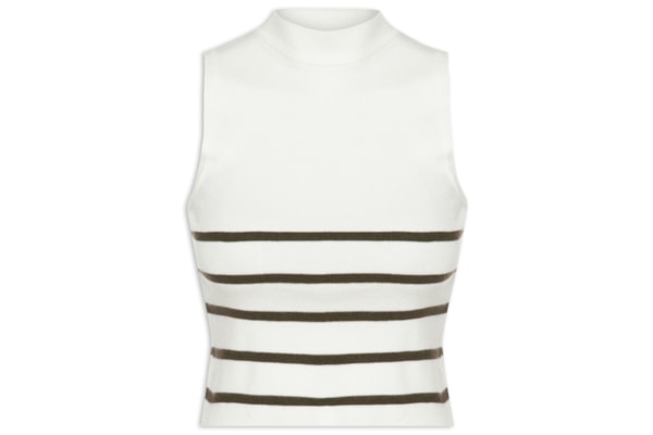 Blusa Feminina Tricot Listrada Sem Manga - Branco