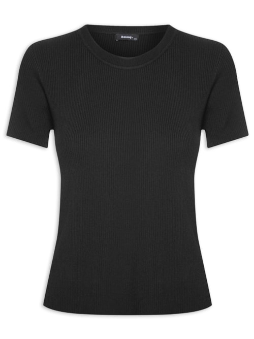 Blusa Feminina Tricot Manga Curta Canelada – Preto