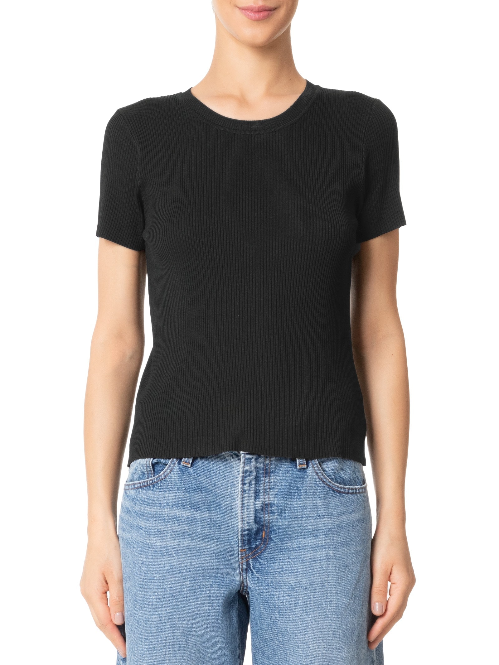 Blusa Feminina Tricot Manga Curta Canelada Preto Basiq