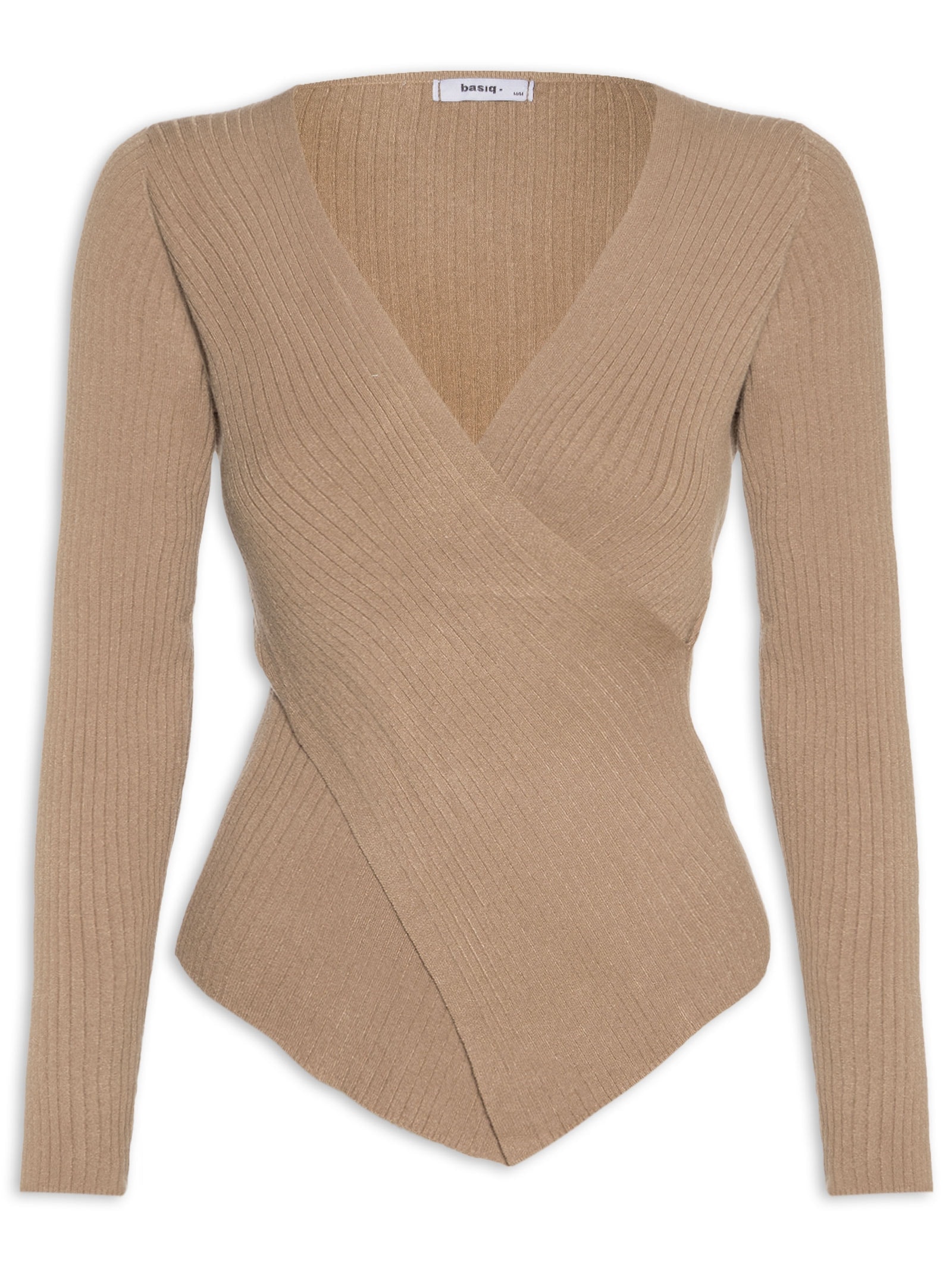 Blusa Feminina Tricot Manga Longa Decote Transpassado Bege Basiq