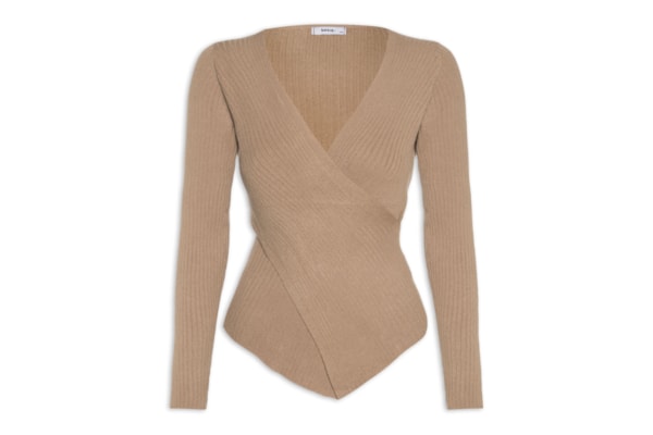 Blusa Feminina Tricot Manga Longa Decote Transpassado - Bege