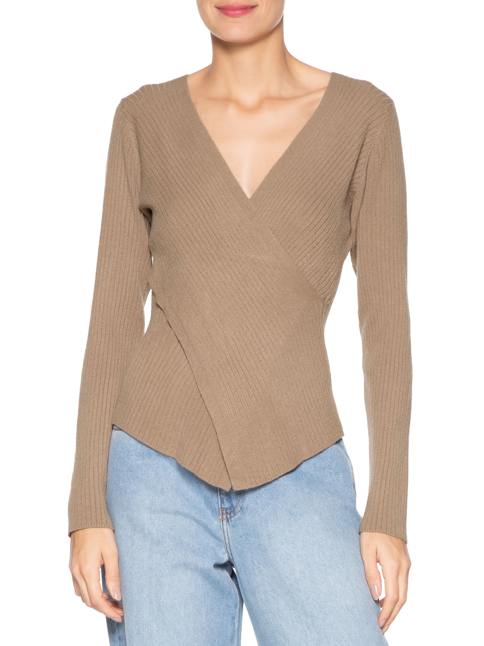 Blusa Feminina Tricot Manga Longa Decote Transpassado Bege Basiq
