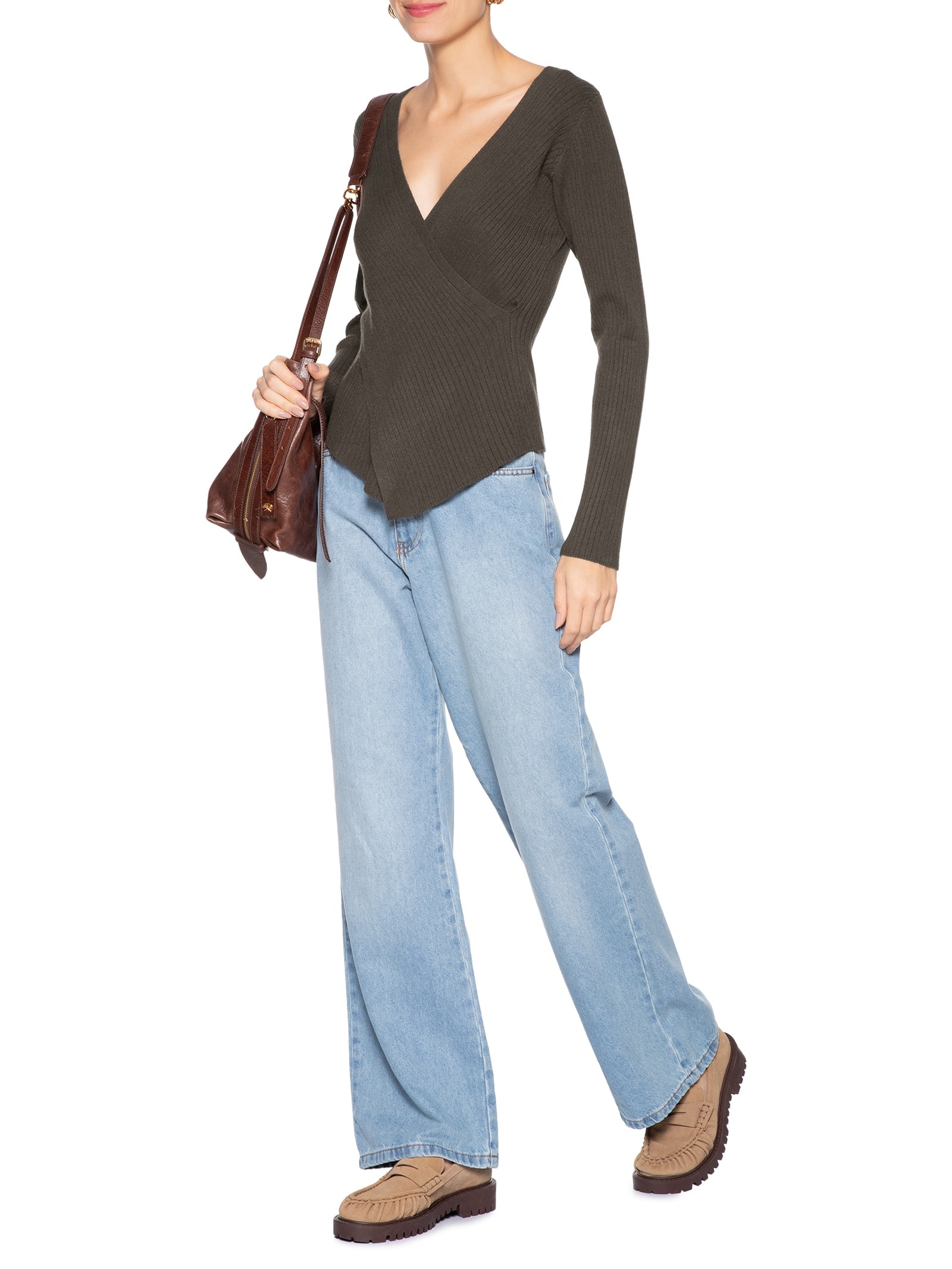 Blusa Feminina Tricot Manga Longa Decote Transpassado Marrom Basiq