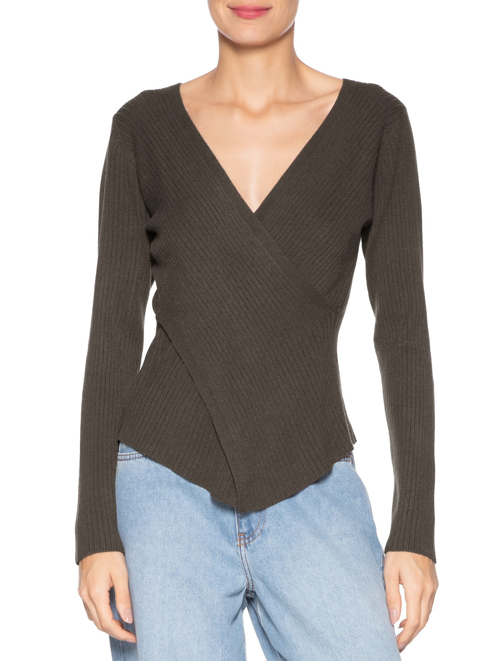 Blusa Feminina Tricot Manga Longa Decote Transpassado Marrom Basiq