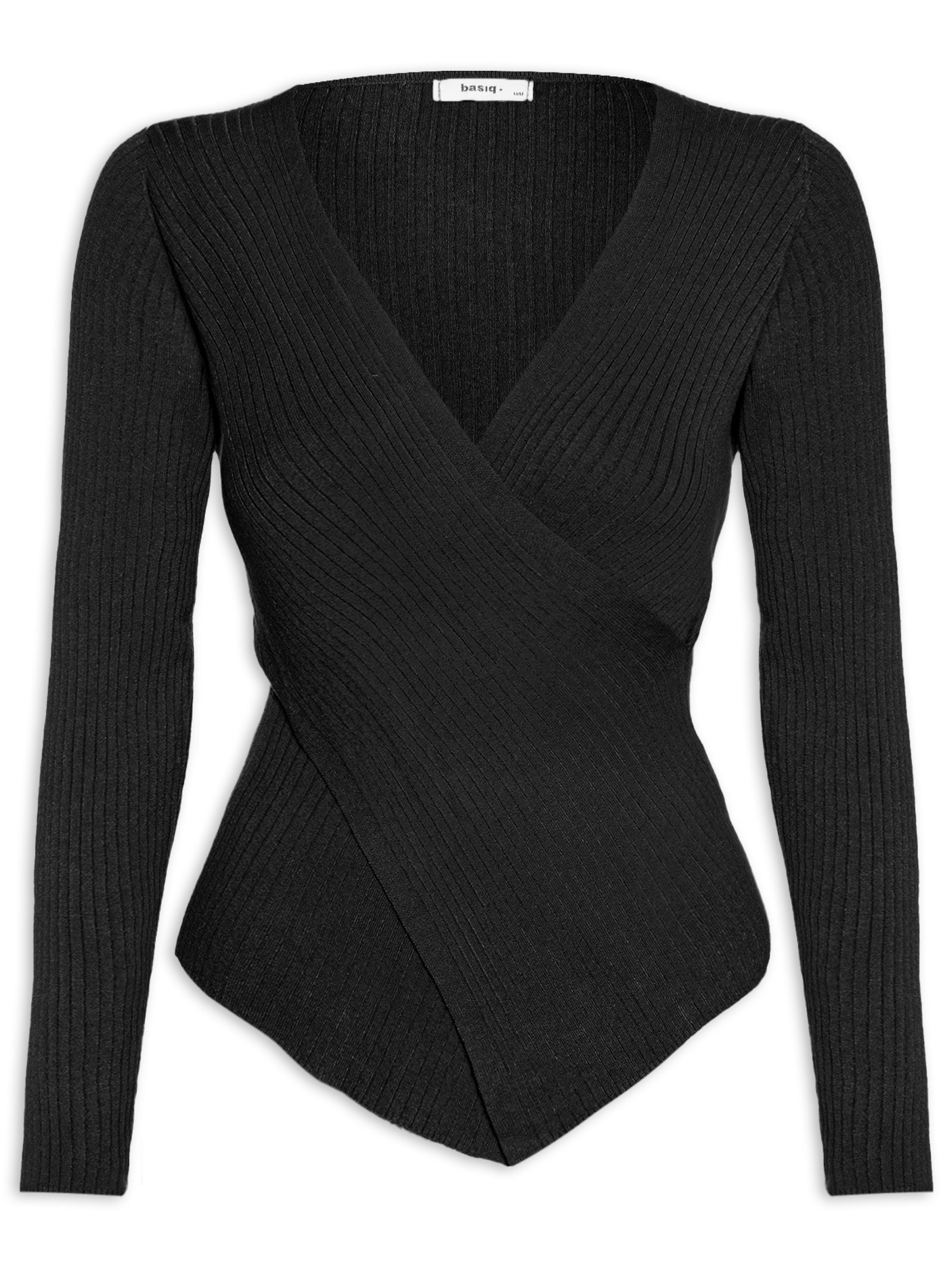 Blusa Feminina Tricot Manga Longa Decote Transpassado Preto Basiq