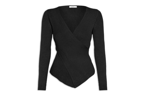 Blusa Feminina Tricot Manga Longa Decote Transpassado - Preto