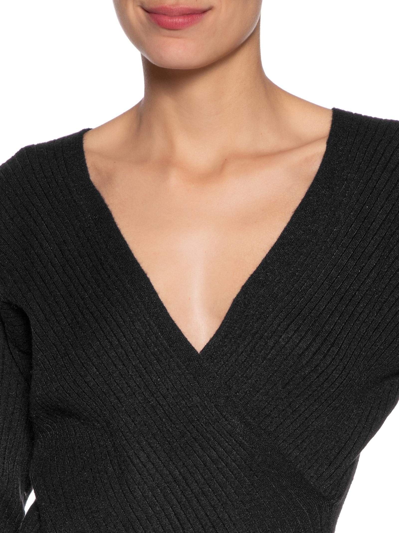 Blusa Feminina Tricot Manga Longa Decote Transpassado Preto Basiq