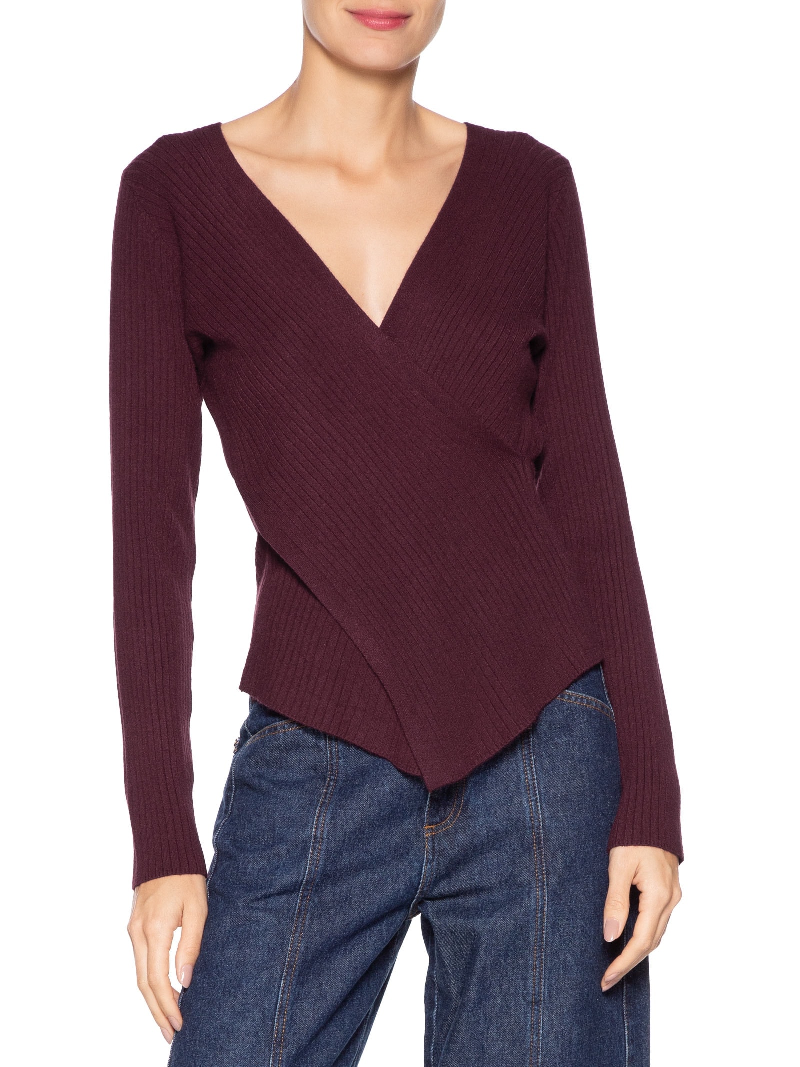Blusa Feminina Tricot Manga Longa Decote Transpassado Vermelho Basiq