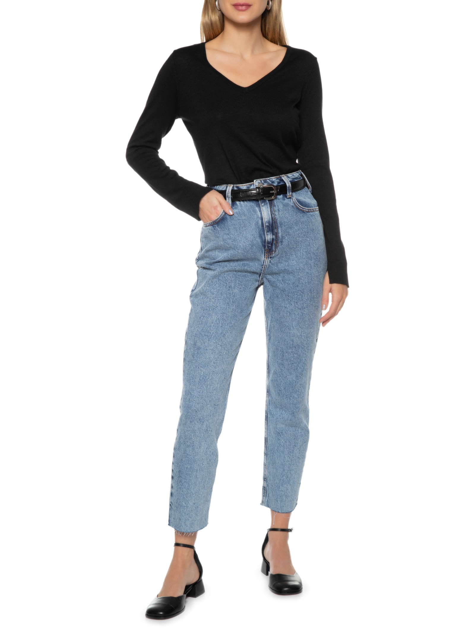 Calvin Klein Jeans Blusa Feminina Tricot Manga Longa Gola V