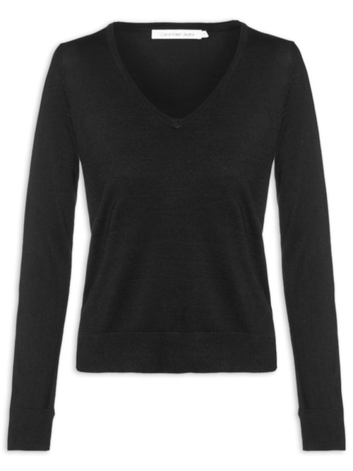 Blusa Feminina Tricot Manga Longa Gola V Básica - Preto