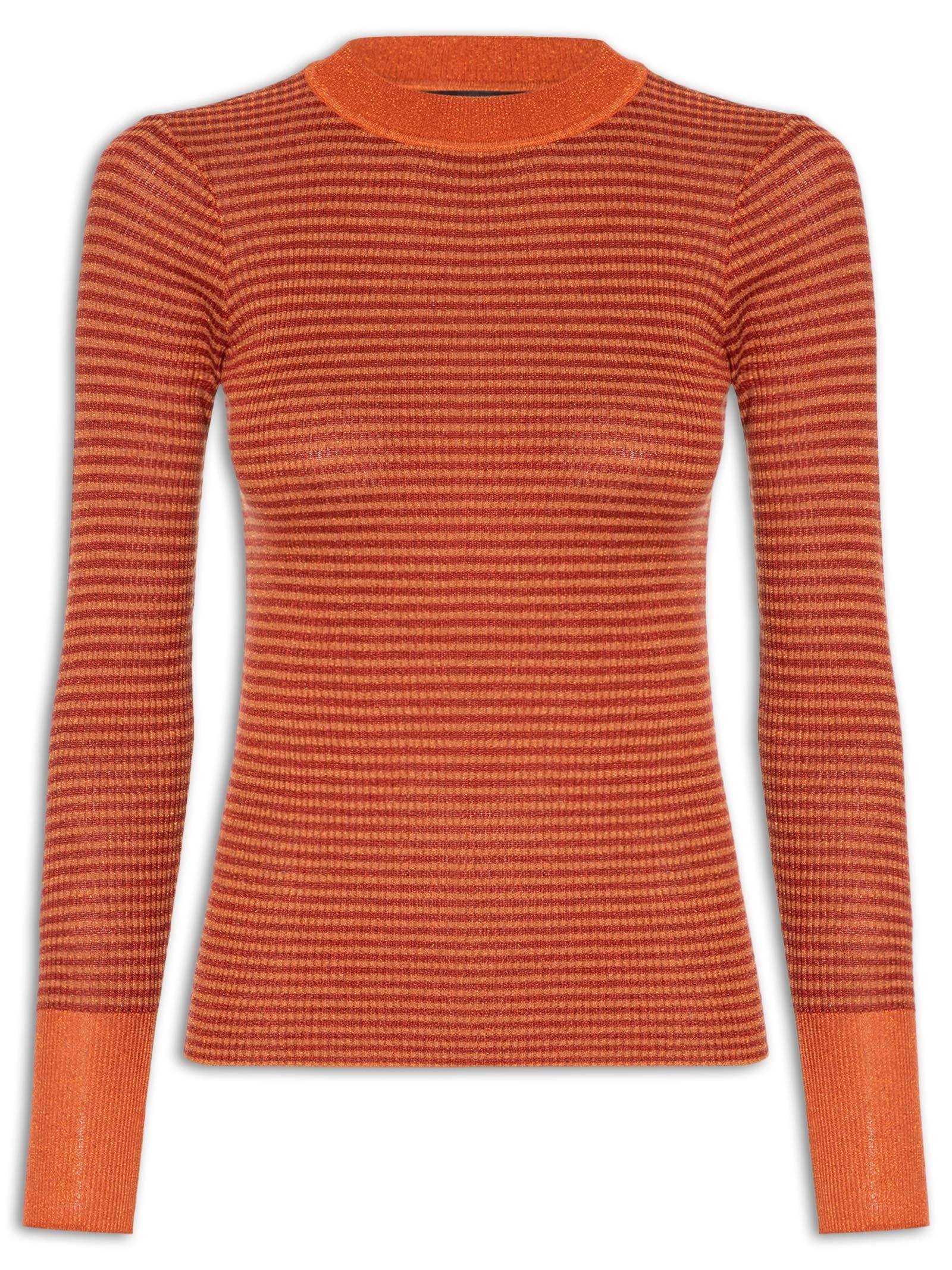 Blusa Feminina Tricot Manga Longa Listrada Lurex Laranja Animale