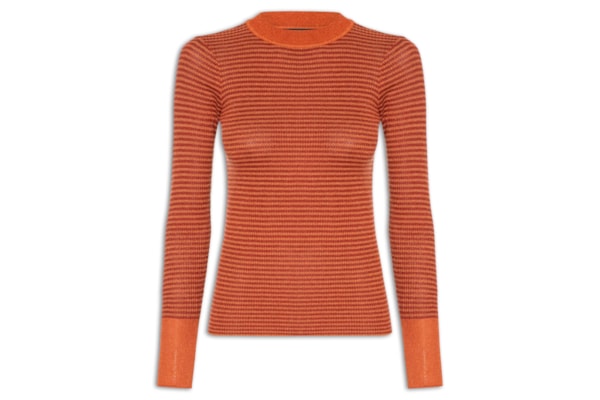 Blusa Feminina Tricot Manga Longa Listrada Lurex - Laranja