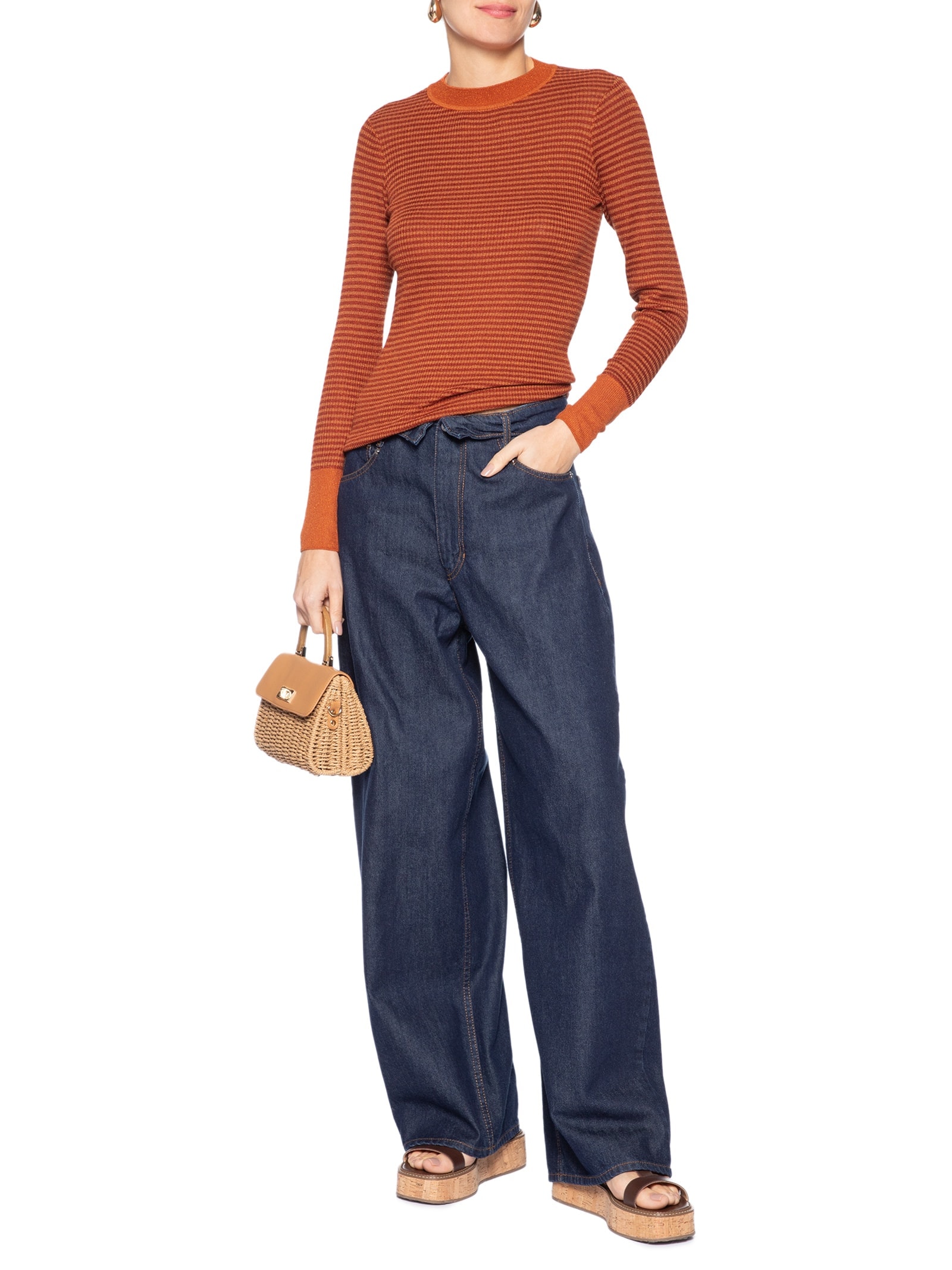Blusa Feminina Tricot Manga Longa Listrada Lurex Laranja Animale