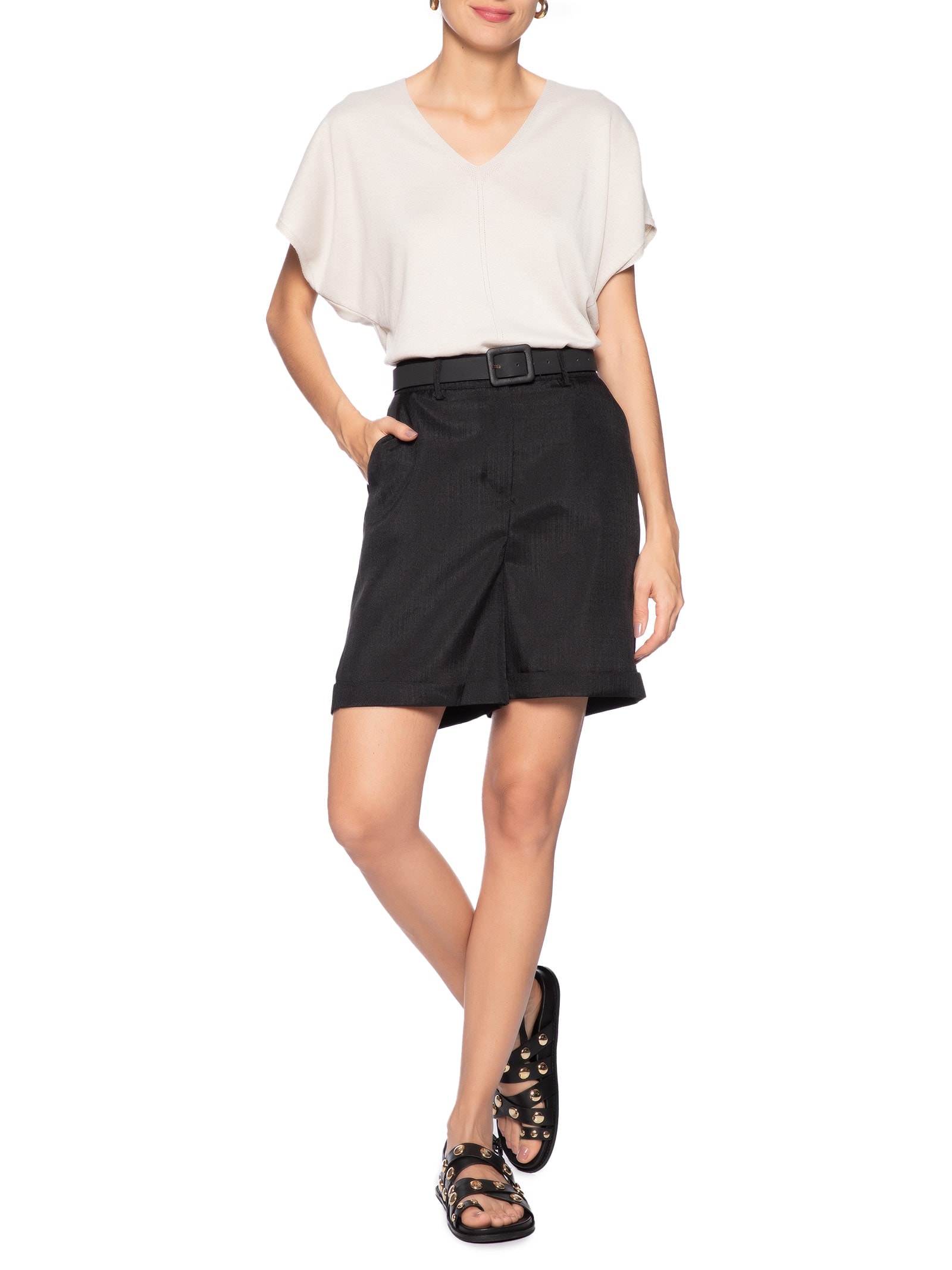 Blusa Feminina Tricot Oversized Com Decote Em V Bege Basiq