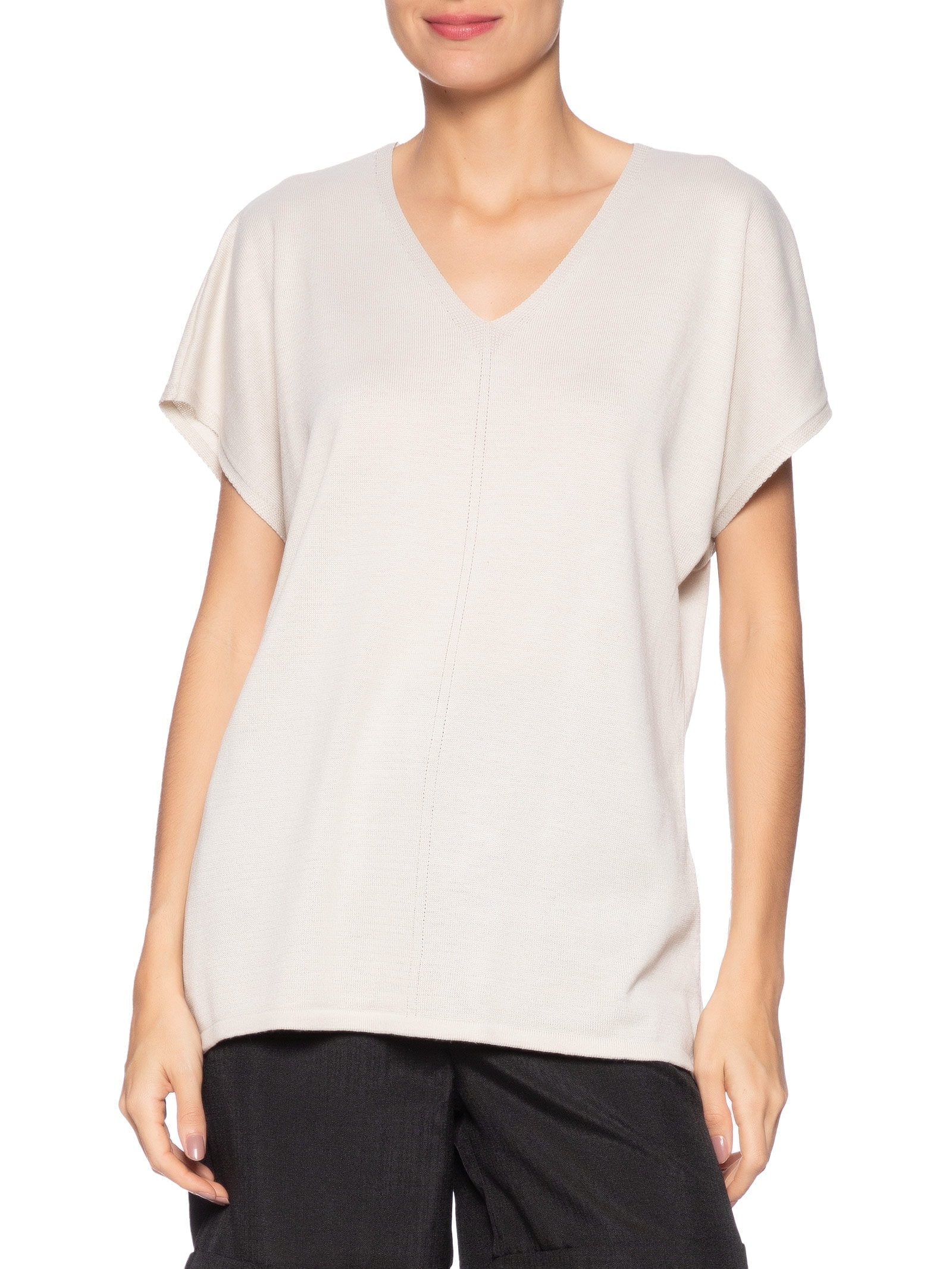 Blusa Feminina Tricot Oversized Com Decote Em V Bege Basiq