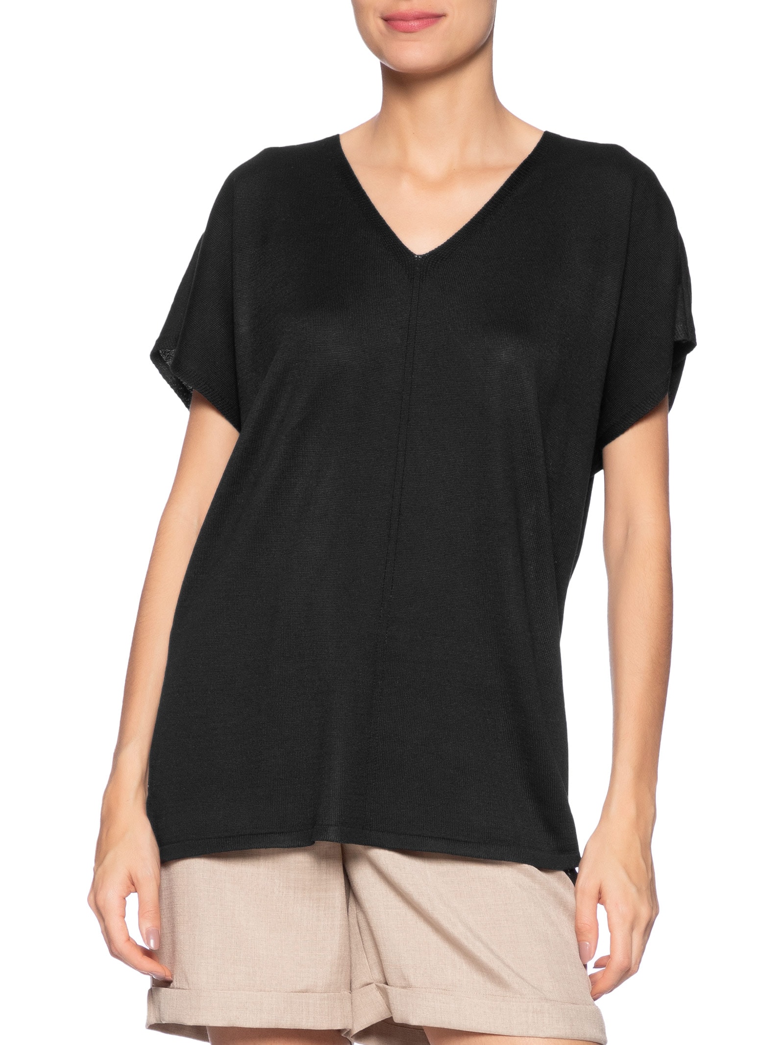 Blusa Feminina Tricot Oversized Com Decote Em V Preto Basiq