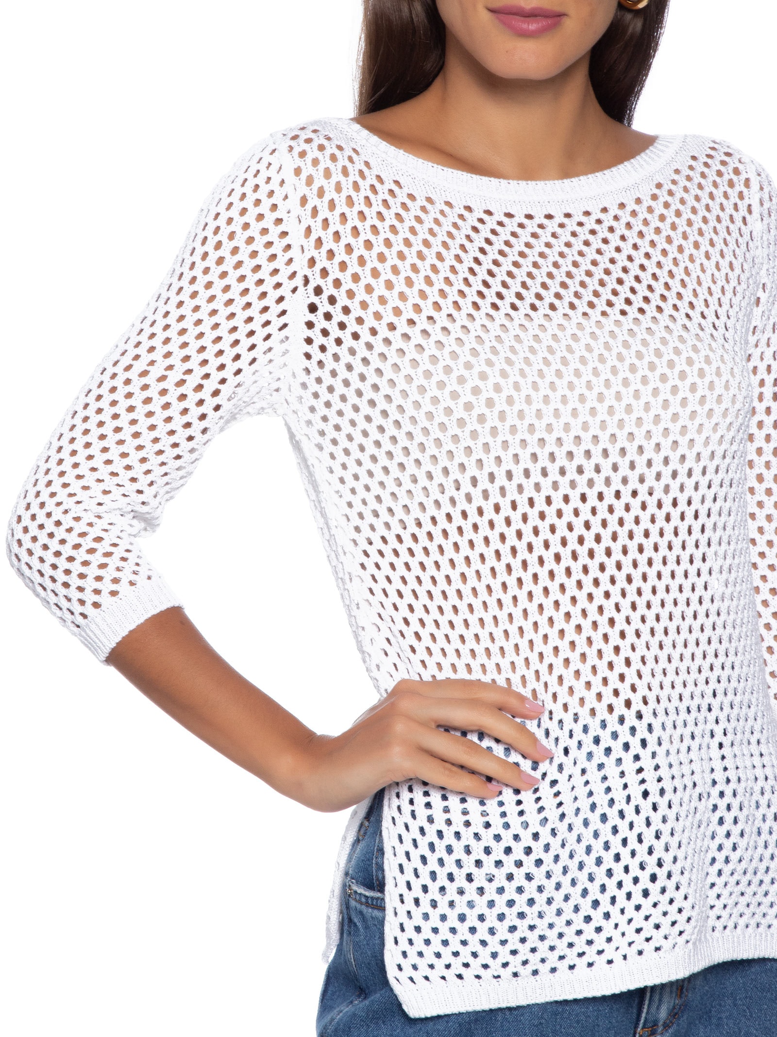 Blusa Feminina Tricot Oversized Ponto Tela - Off White - Maria Filó