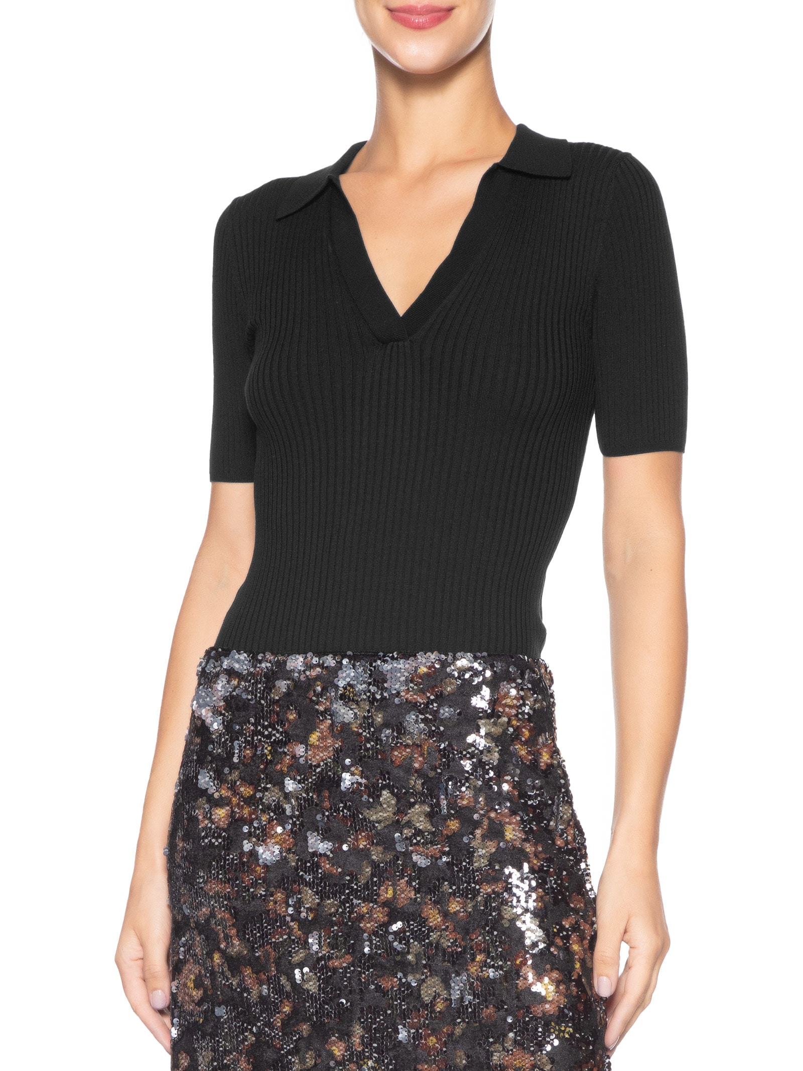 Blusa Feminina Tricot Polo Canelada Preto Maria Filó