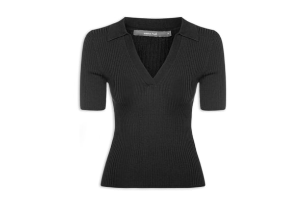 Blusa Feminina Tricot Polo Canelada - Preto