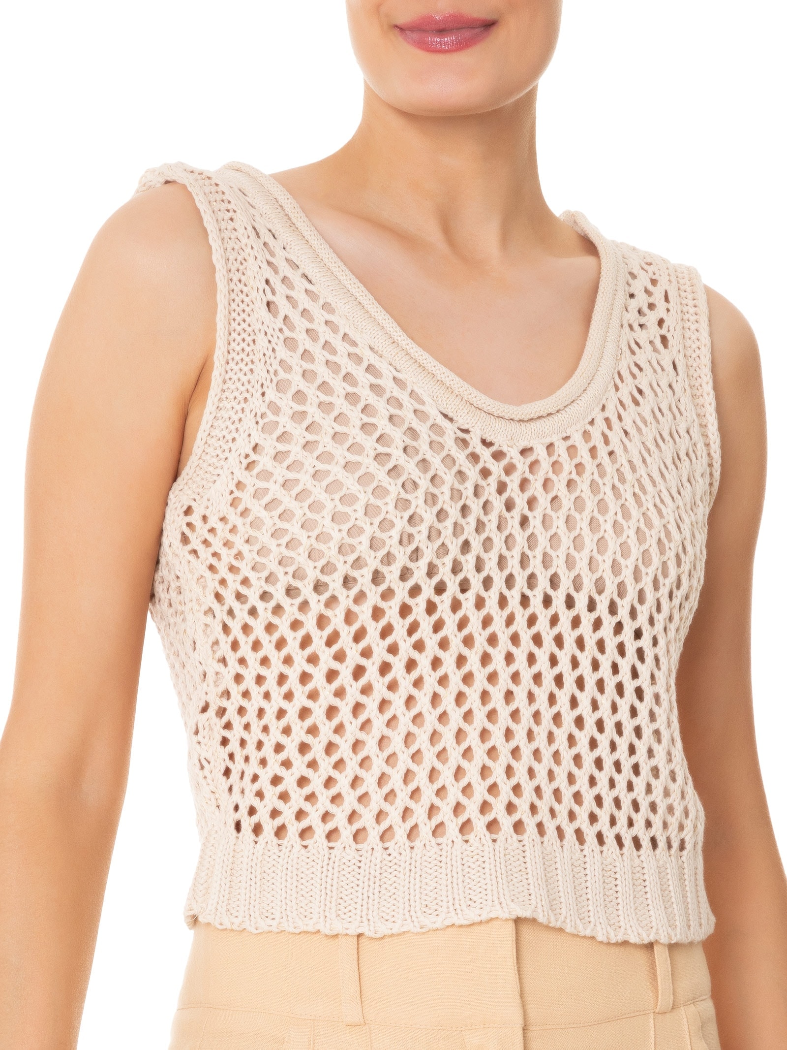 Blusa Feminina Tricot Quadradinhos Lurex Bege Dress To