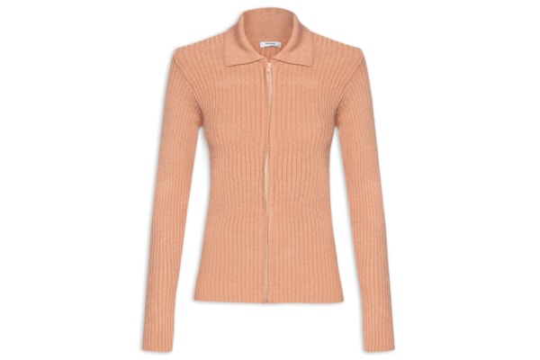 Blusa Feminina Tricot Zíper Gola Esporte - Bege
